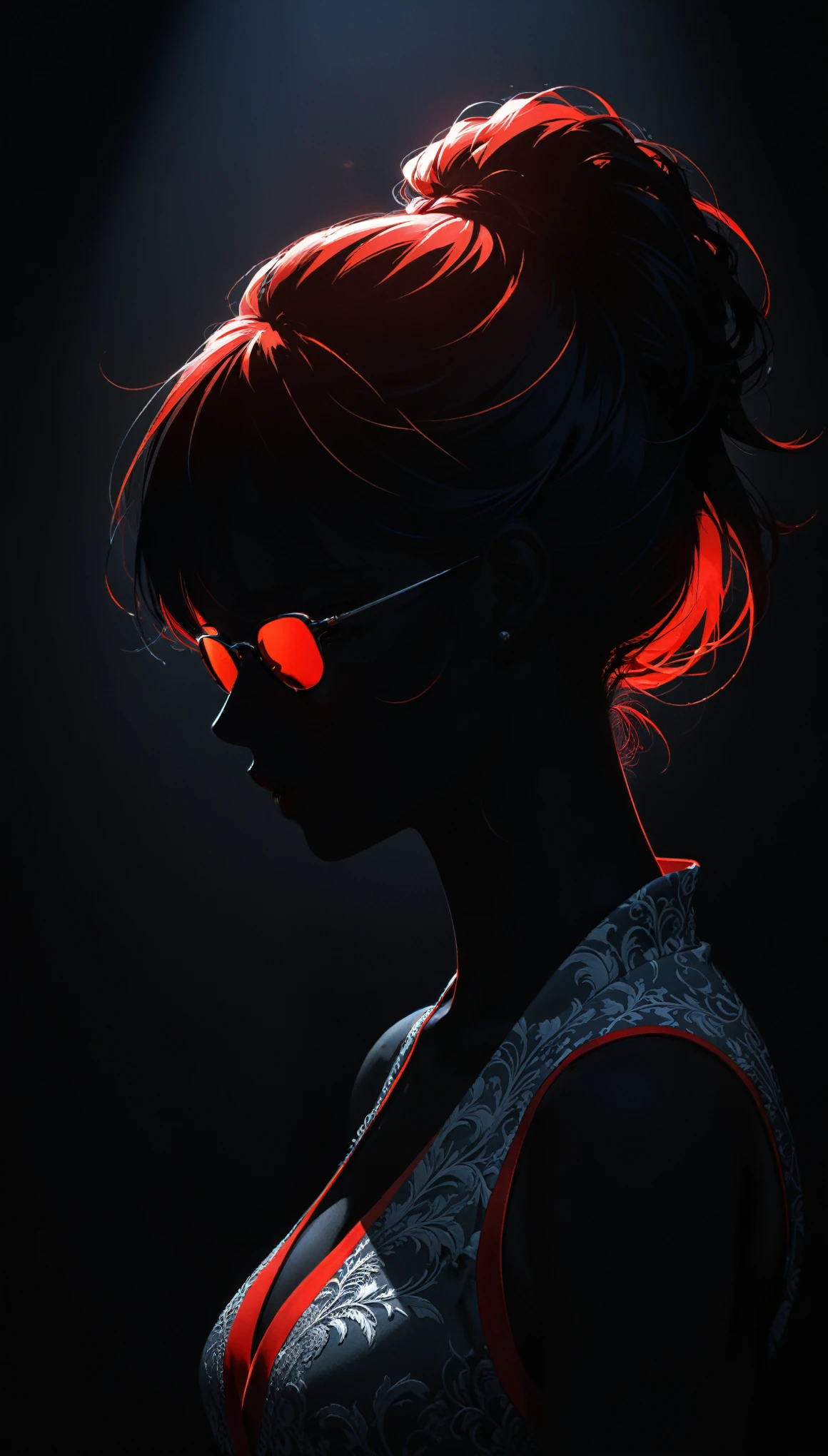 in style of Daniel Merriam, Silhouette Art,line art drawing,a fine color lineart sketch of a elegant girl silhouette outline,dark blue hair,high ponytail,air bangs,white wrap vest,black sunglasses between the breasts,(red and grey on black.:1.2),. professional,sleek,modern,minimalist,graphic,line art,vector graphics,high contrast,well defined,Silhouette Art, (darkness:1.7),(very detailed shadows:1.5),detailed neon,close-up of the upper body,absolute shadows,(absolutely dark:1.2),(black silhouette:1.4),red edge light