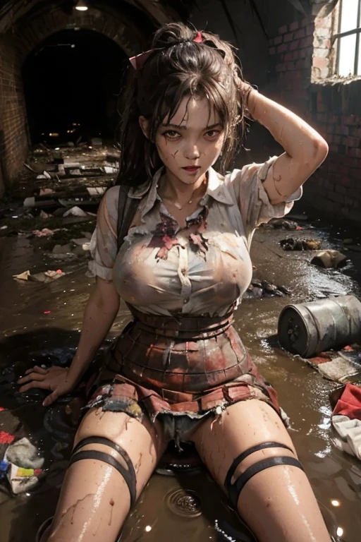 Nipples can be seen through , torn clothes , cloth pieces , (Torn clothes:1.5), (Wet clothes:1.4) , zombie , rotungwoka person