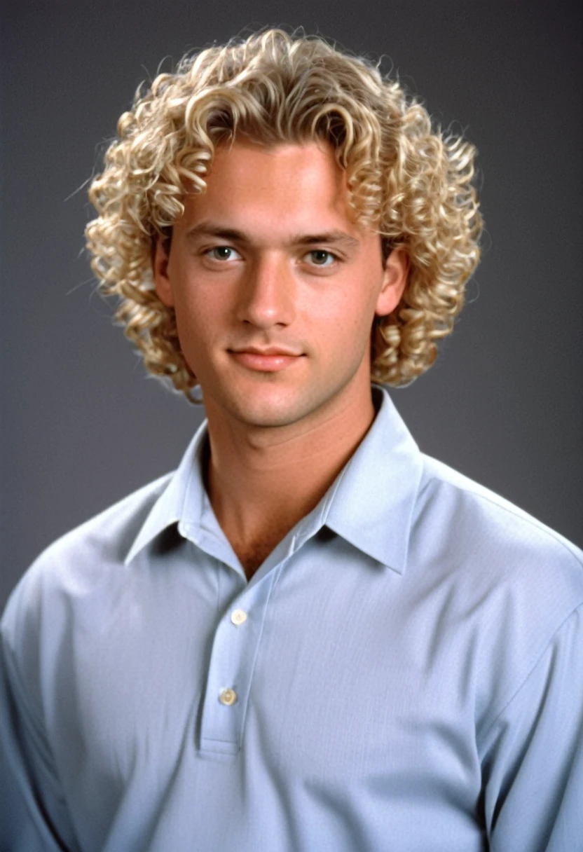 thirty year old man, flat cut curly blonde hair, photorealistic, determined, business casual style, 1996, 90s, 1990s, studio portrait, waist up shot, blank flat background