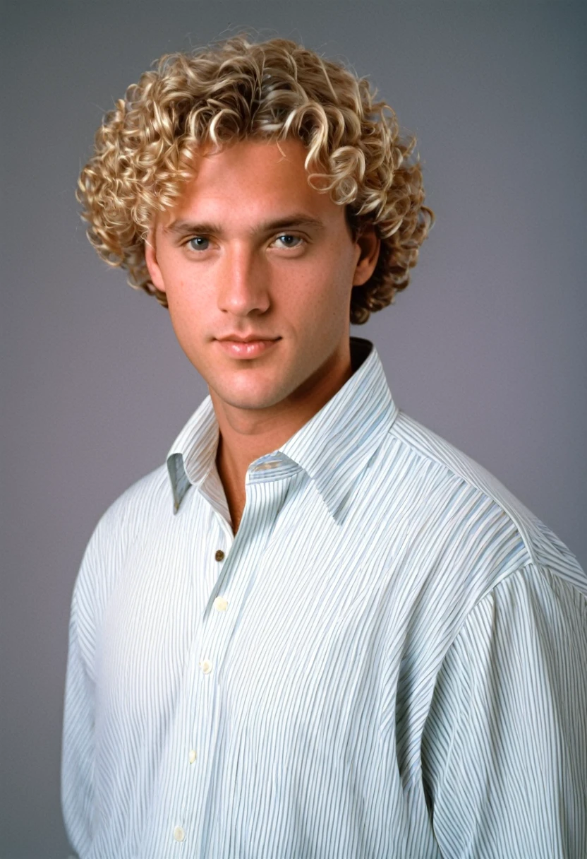 thirty year old man, flat cut curly blonde hair, photorealistic, determined, business casual style, 1996, 90s, 1990s, studio portrait, waist up shot, blank flat background