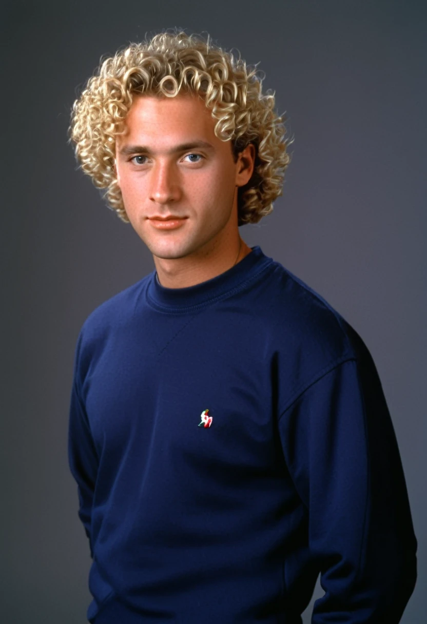 thirty year old man, flat cut curly blonde hair, photorealistic, determined, business casual style, 1996, 90s, 1990s, studio portrait, waist up shot, blank flat background
