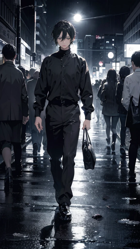 Anime man walking through a crowd,alone,Black petals flutter, A mysteriously shining butterfly.city,thin legs,very clear,Best quality After the Rain,city,beautiful morning,Asahi,whole body,Sad expression,Shining Full Moon,rain,Wet,Monochrome,No color,Sad expression,rain