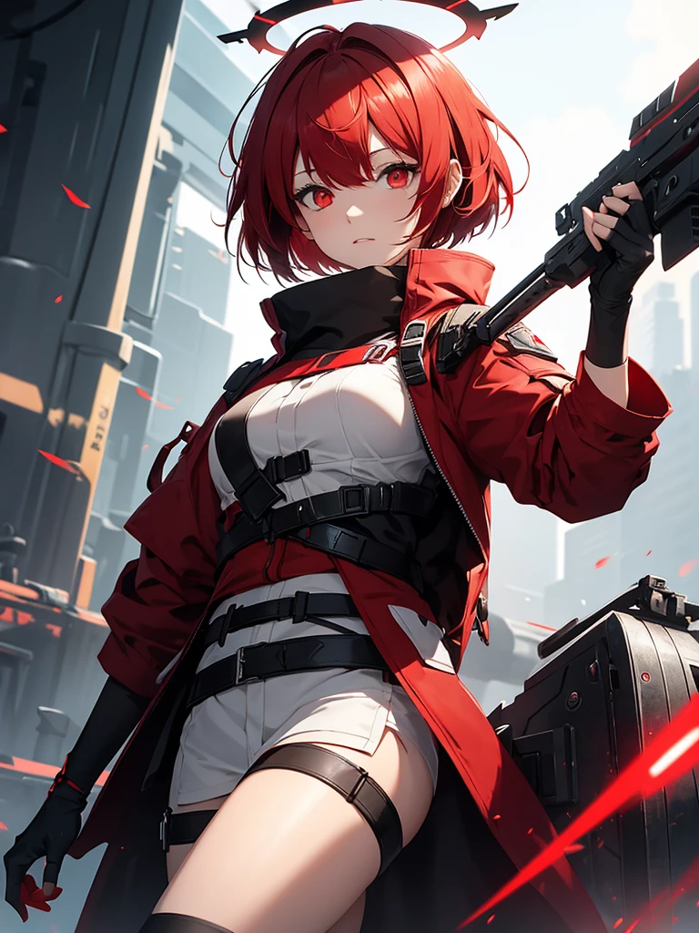 Create an illustration of a character with short Red hair, red-eyes, wears colors of red-white-black, has halo above her head, from the game "Arknights"