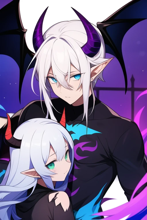 demon man with half black and half white hair, blue eyes, horns on his head, bat wings on his back, green scales, and pale purple skin