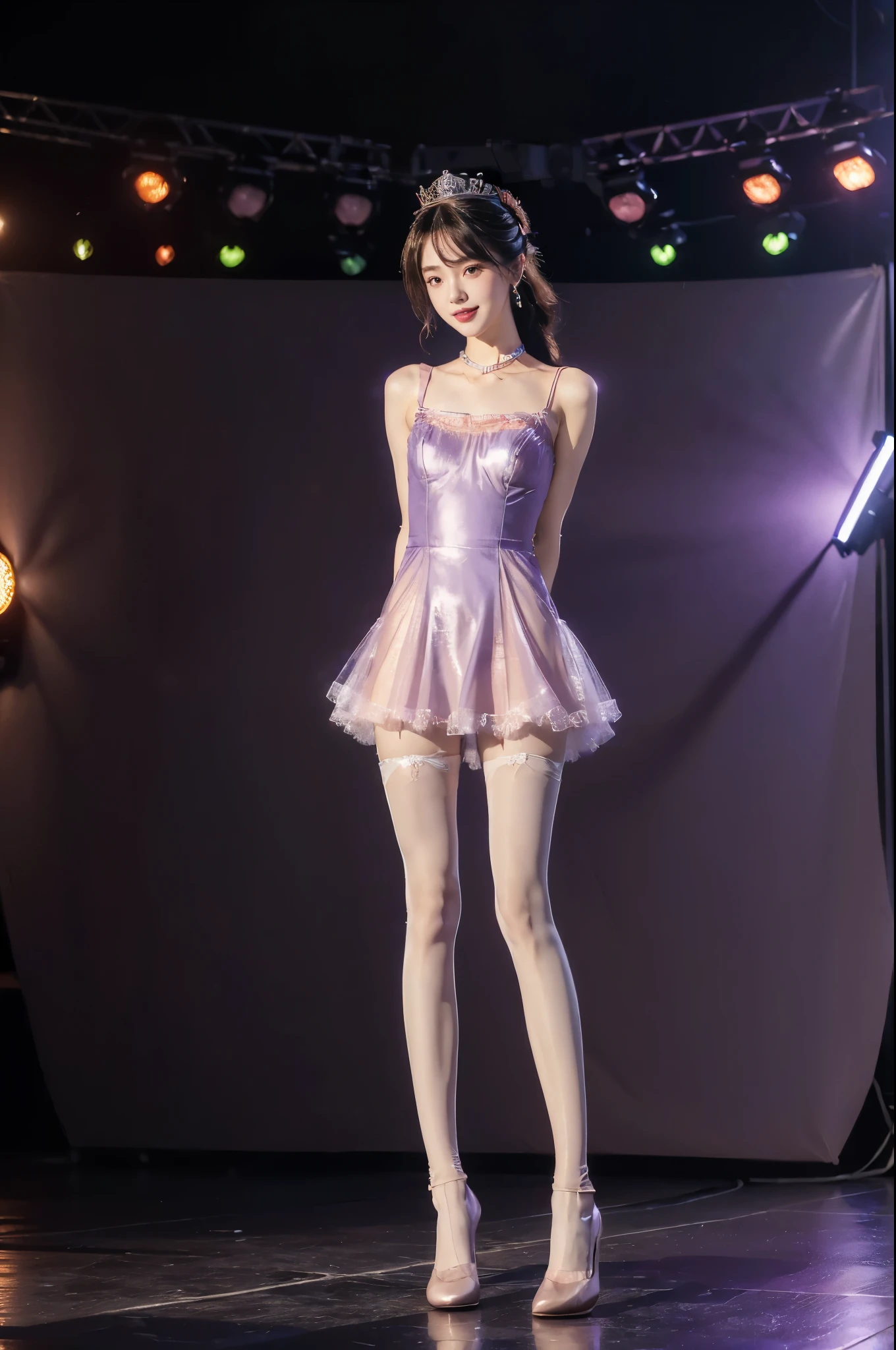 (Extremely meticulous CG),(((8k))),wallpaper,(Portrait above the chest:1.3),((Extremely refined and beautiful)),(((Masterpiece))),(((best qualtiy))),(((Ultra High Resolution))),beautiful light up,realistic shaded,(Smooth and flawless fair skin:1.5),(Extremely exquisite facial details:1.2),(ultra-detailed:1.5),((a beautiful girl,solo)),(Japanese age idol:1.3),(princess crown:1.3),(short ponytail:1.2),(bangs:1.3),(small head:1.2),(slender face:1.2),(Exquisite makeup:1.3),(smiling:1.2),(laughing:1.2),(blush:1.5),(perfect body:1.1),(collar:1.2),(bare legs:1.3),(Maxi dazzling purple Loliauze one-piece dress:1.5),(slender legs:1.3),(thigh plug:1.5),(nude pantyhose:1.5),(sneakers:1.2),((slim,thin)),(small breasts:1.2),(flat chests:1.2),(from front:1.3),(standing:1.3),(In the gorgeous theater:1.3),(on the stage:1.5),(lively atmosphere:1.3),(indoor:1.3),(colorful neon lights:1.3),(Cyberpunk style:1.3),(detailed background:1.5),(night scene:1.5),(full body:1.3),(arms behind back:1.2)