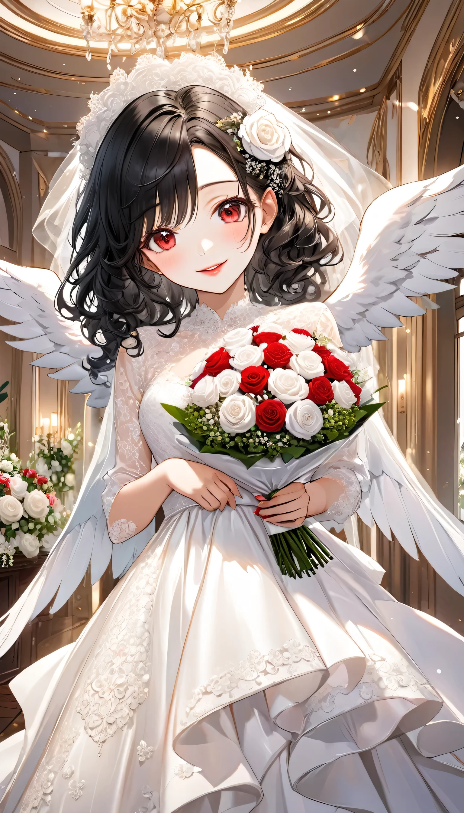 panoramic, (happy wedding reception style) (beautiful make-up) (solo curly black hair long hair lovely bride lovely girl, lovely red eyes, Rouge lipstick, love smile), (15 yo), (in a  immensely silk:1.2 white detailed wing dress), (holding white roses bouquet), BREAK, in the wedding reception Hall in the Sky, perfect anatomy, masterpiece, best quality, 16k, beautiful detailed grow, daydreaming expression.