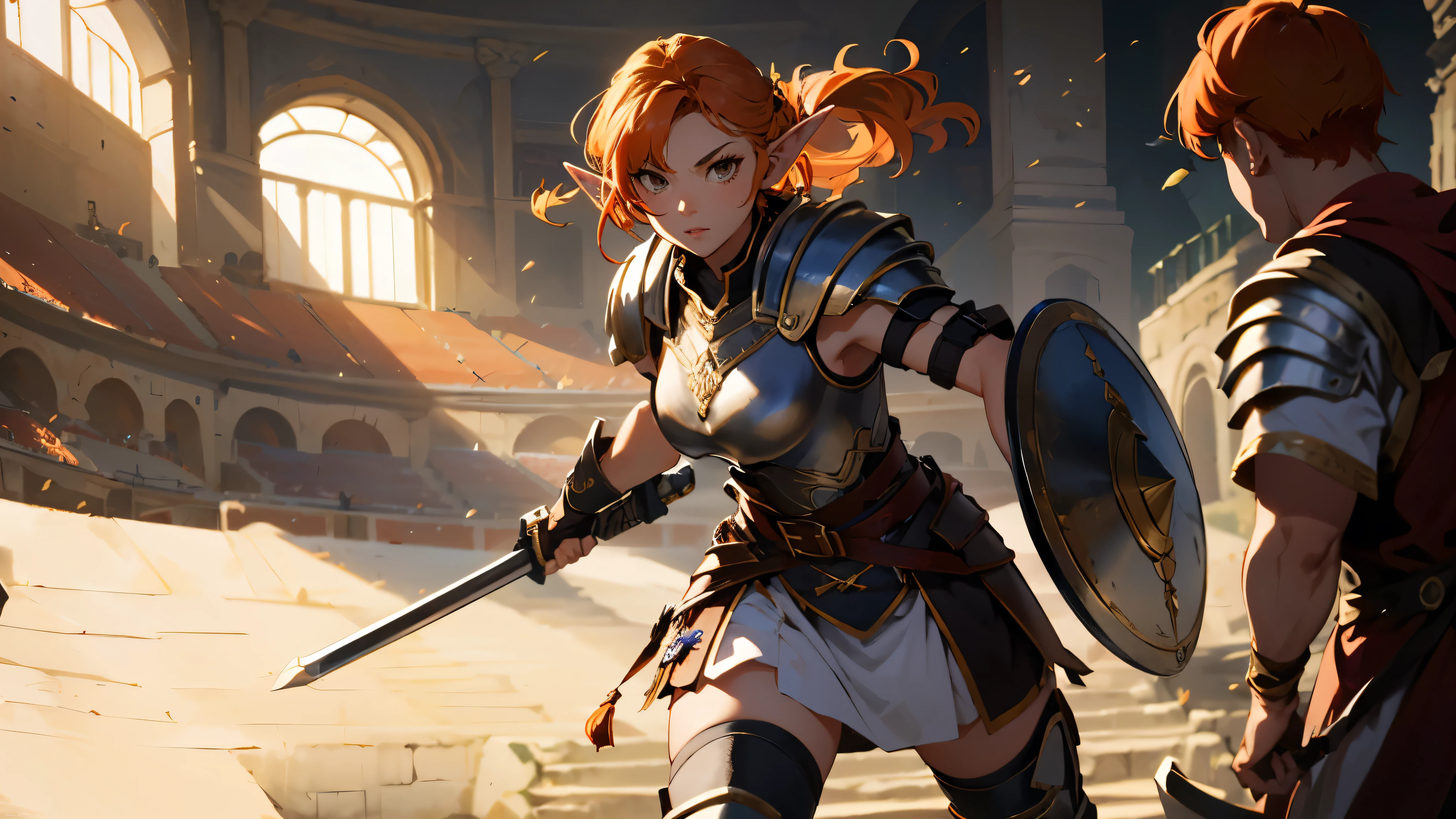 masterpiece, high quality, one woman, (long elf ears), (orange hair), strong looking, wearing gladiator armor holding spear and shield, in a enormous coliseum, crowds in the stands of coliseum, fantasy clothes, natural dynamic lighting casts detailed shadows,