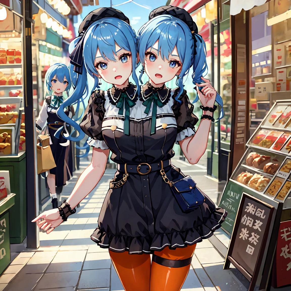 (masterpiece, best quality), best resolution, 16k, (2heads:1.5), close-up, 1girl, solo, HoshimachiSuisei, side ponytail, blue hair ribbon, SuiseiStreet, long hair, half updo, black beret, black dress, collared dress, sleeveless, bow earrings, lace choker, neck ribbon, black belt, orange pantyhose, o-ring thigh strap, single garter strap, (cheek-to-cheek), ((hand holding a wallet)), ((eyes up looking sideways:1.3)), surprised, frustrating, walking, open mouth, city, Shopping Street, street vendor, morning