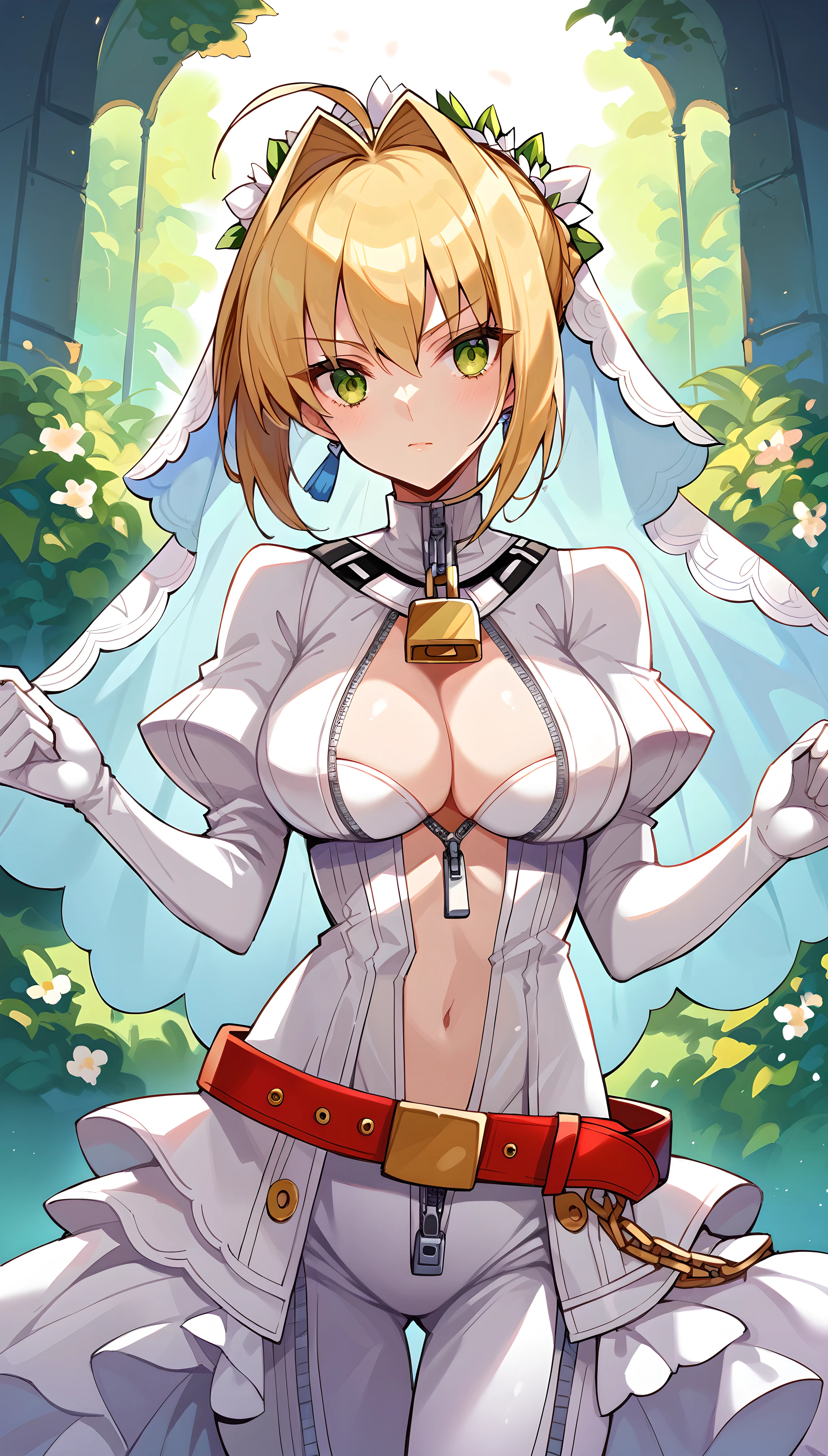 score_9, score_8_up, score_7_up, score_6_up, source anime,nero claudius \(bride\) \(fate\), nero claudius \(bride\) \(second ascension\) \(fate\),1girl,masterpiece, best quality, highres, aanero, ahoge, veil, green eyes, chain, padlock, (white bodysuit:1.2), zipper,zipper down,center opening,unzipped,cleavage,navel, white gloves, belt, frills, white dress,standing, cowboy shot, garden