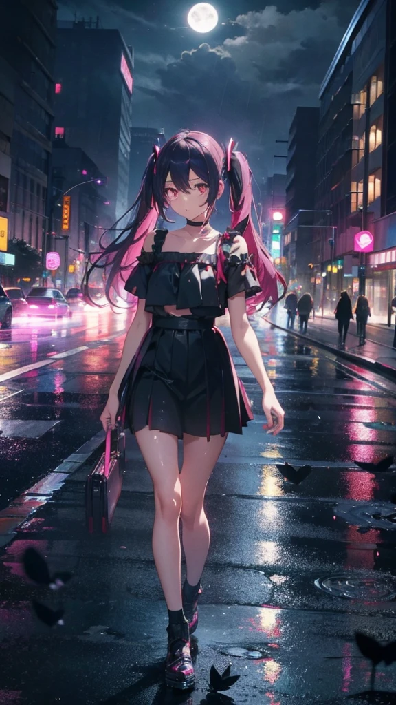 1 anime girl, alone,Black petals flutter, A mysteriously shining butterfly.city,bright pink hair,red gem eyes,long twin tails,thin legs,very clear,Best quality After the Rain,city,Miku,beautiful morning,Asahi,whole body,Sad expression,Shining Full Moon,rain,Wet,Monochrome,No color,Sad expression,Thin legs,Walking through the crowds
