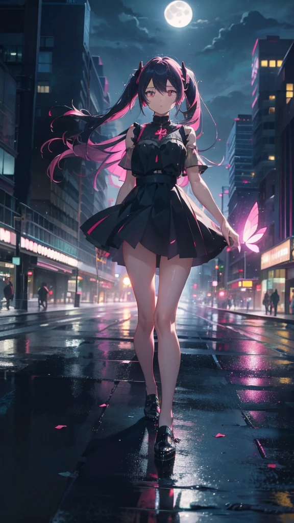 1 anime girl, alone,Black petals flutter, A mysteriously shining butterfly.city,bright pink hair,red gem eyes,long twin tails,thin legs,very clear,Best quality After the Rain,city,Miku,beautiful morning,Asahi,whole body,Sad expression,Shining Full Moon,rain,Wet,Monochrome,No color,Sad expression,Thin legs,Walking through the crowds
