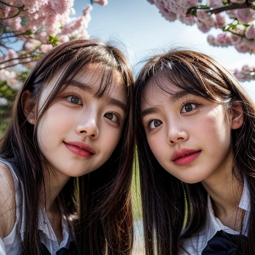 Best_Quality, HDR, masterpiece, Hi-Res, (realistic and photorealistic with touch of rawness:1.37), (group photo:1.6), ((SchoolGirls Surrounding the camera in Upward composition)), Panoramic, (Filled with many Faces), (NOGIZAKA face variations:1.4), { Looking down at the camera | (Kissing face to face) }, (((close:1.2, Face closeup from below:1.4))), (((Sky background)) with CherryBlossoms) . BREAK  Extremely Detailed KAWAII face variations, captivating gaze, elaborate detailed Eyes with (sparkling highlights:1.32), long eyelashes、Glossy RED Lips with beautiful details, Coquettish tongue, Rosy cheeks, Glistening ivory skin . { (Dynamic joyful expressions) | (:D) | (Kissing) }, { Slipped back hair | Bangs | Hime cut  | OKAPPA | White Silver hair | Blonde hair | Dark hair }, Childish, SchoolUniform .