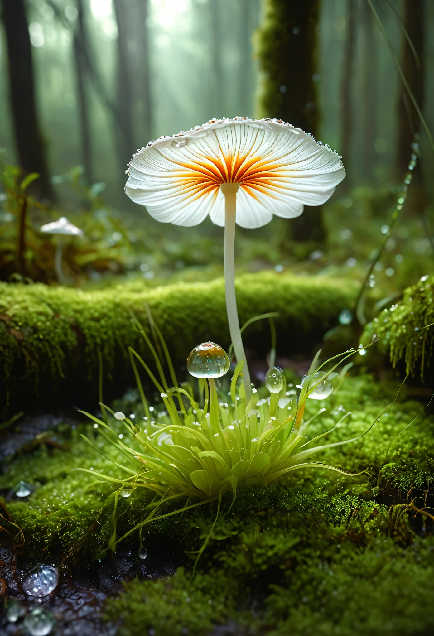 A delicate and intricate skeleton flower blooming with translucent white petals and intricate veined patterns, suspended amidst a mossy forest floor with dewdrops adorning its fine filaments under soft, dappled lighting. photorealistic digital art of colorful mushrooms growing from the ground by WLOP!!!!!! Artstation!, DeviantArt contest winner on cgsociety!!!!!!!!