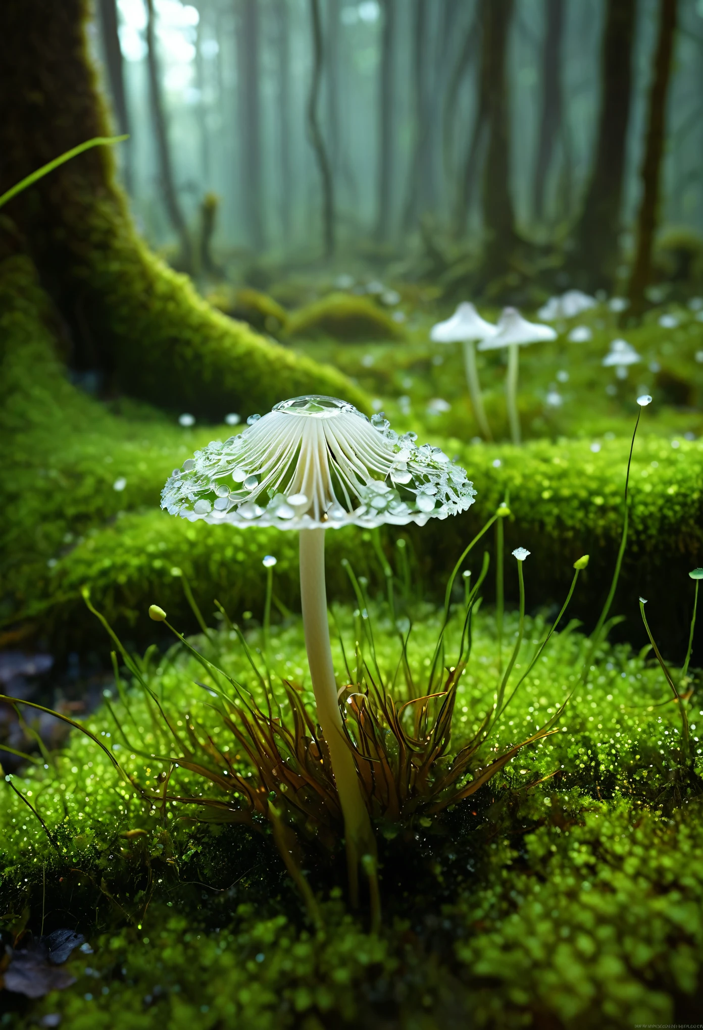 A delicate and intricate skeleton flower blooming with translucent white petals and intricate veined patterns, suspended amidst a mossy forest floor with dewdrops adorning its fine filaments under soft, dappled lighting. photorealistic digital art of colorful mushrooms growing from the ground by WLOP!!!!!! Artstation!, DeviantArt contest winner on cgsociety!!!!!!!!