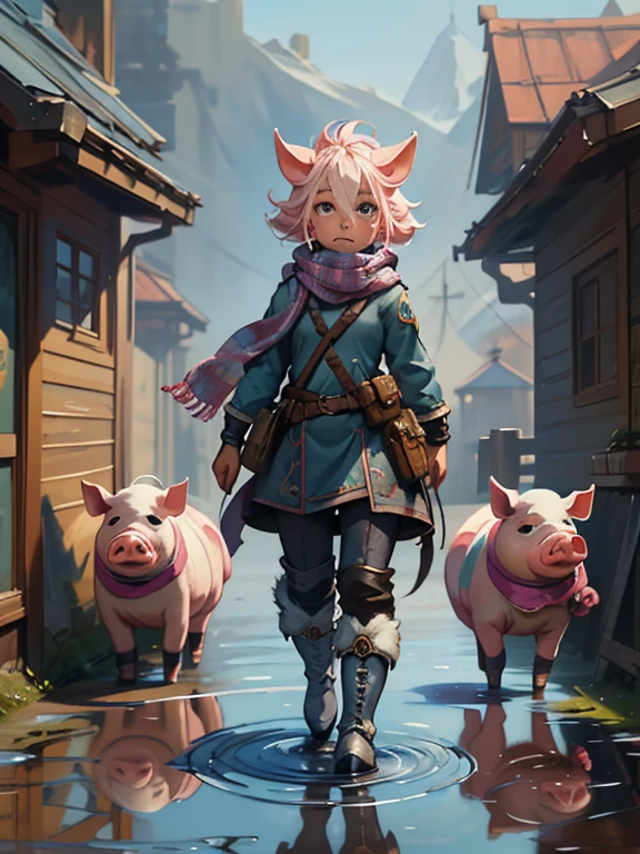 picture of a pig in a scarf and boots, standing in a puddle, Vojtek FUS, anthropomorphic pig warrior, collectible cards, wlop and ross tran, ross tran 8 k, Ian J, style by Ross Tran, charming digital painting