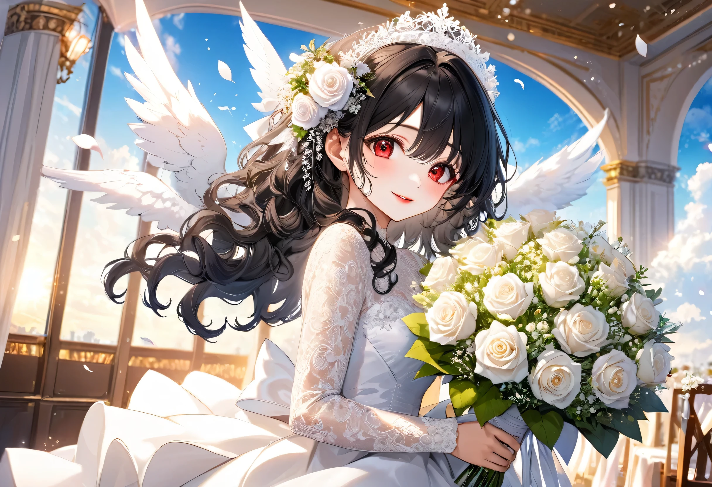 panoramic, (happy wedding reception style) (beautiful make-up) (solo curly black hair long hair lovely bride lovely girl, lovely red eyes, Rouge lipstick, love smile), (15 yo), (in a immensely silk:1.2 white detailed wing dress), (holding white roses bouquet), BREAK, in the wedding reception Hall in the Sky, perfect anatomy, masterpiece, best quality, 16k, beautiful detailed grow, daydreaming expression.