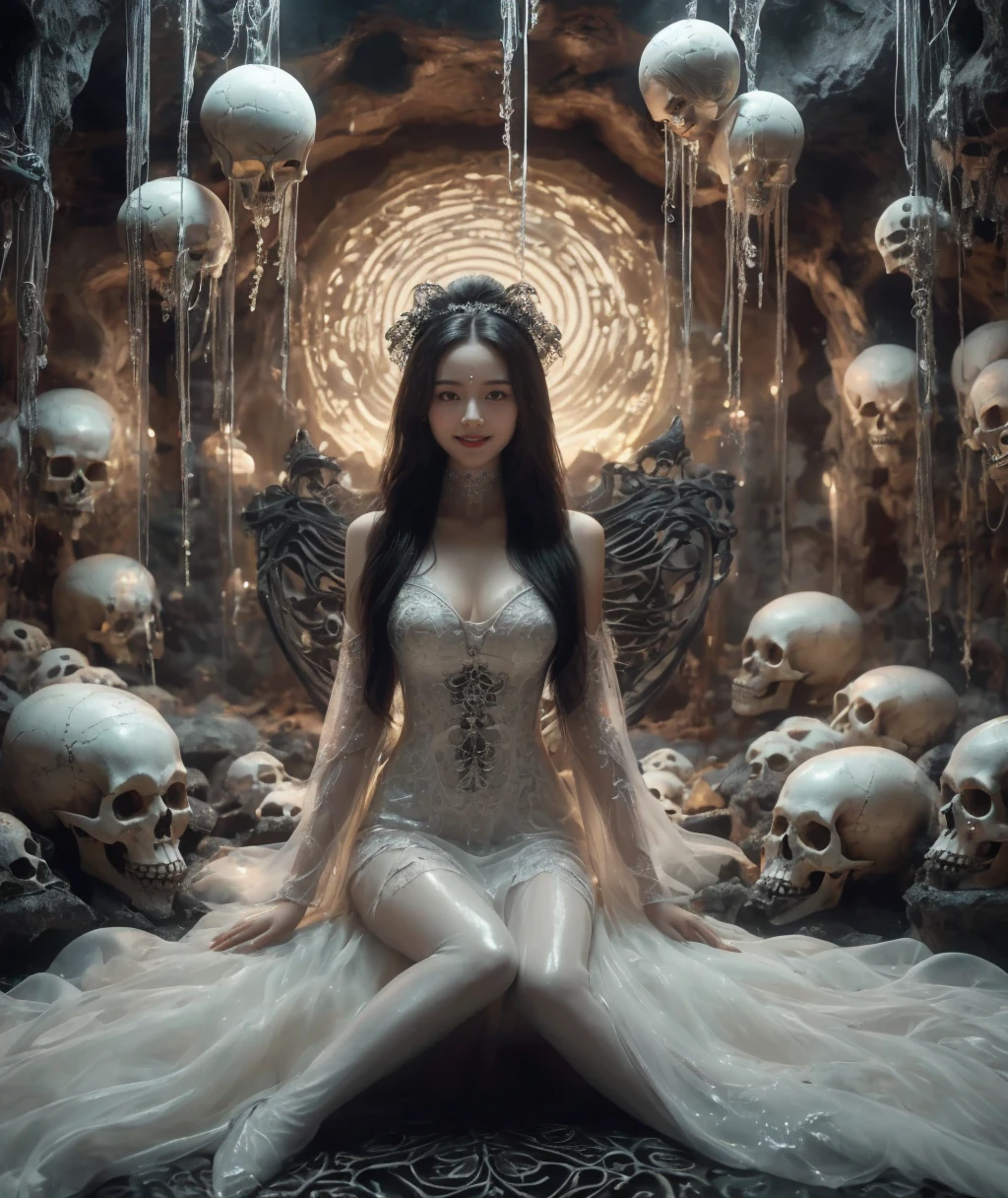 A cinematic-style fullbody realisticphoto of a beautiful young lady ,with a charming smile,in long hairstyle，green,blue，Long braids, sexy，on pile of skulls in White Viscous liquid, at Luxurious cave palace with Hanging skeletons on webs，yaoye，anatomical correct:2，f