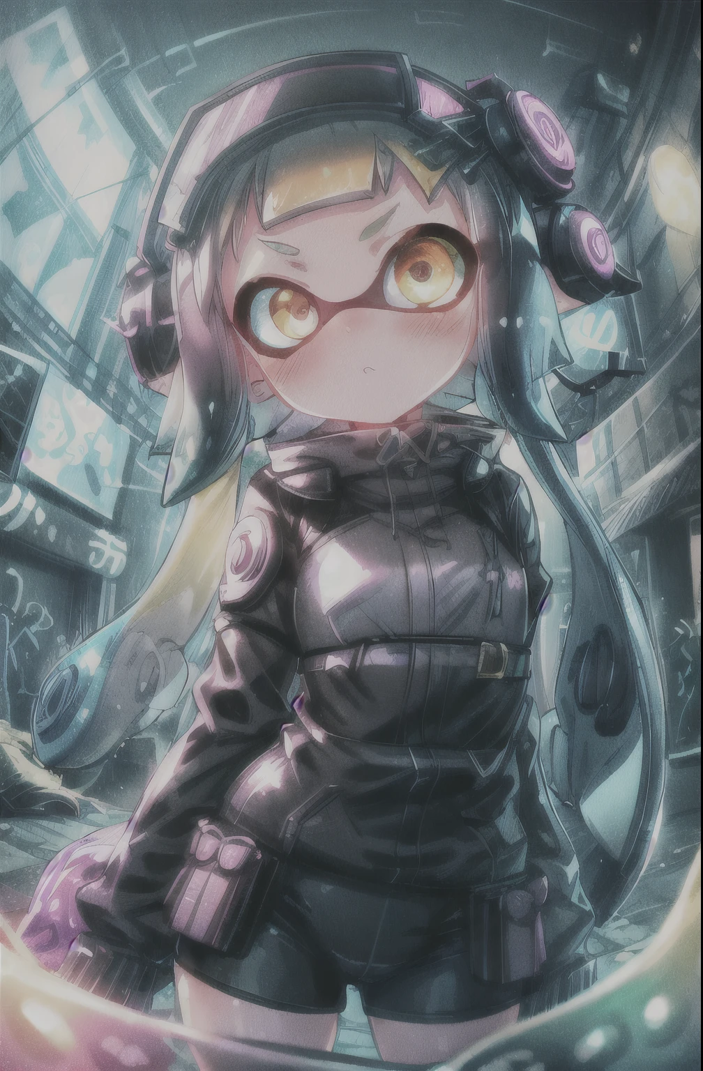 Splatoon Girl,Creative tentacle hair,Metallic rainbow tentacle hair, Golden Eyes、street,Fisheye Lens,Neon cold light lighting, cyber punk, blush, West Shot,Detailed facial details,Dynamic pose, Rim Light,