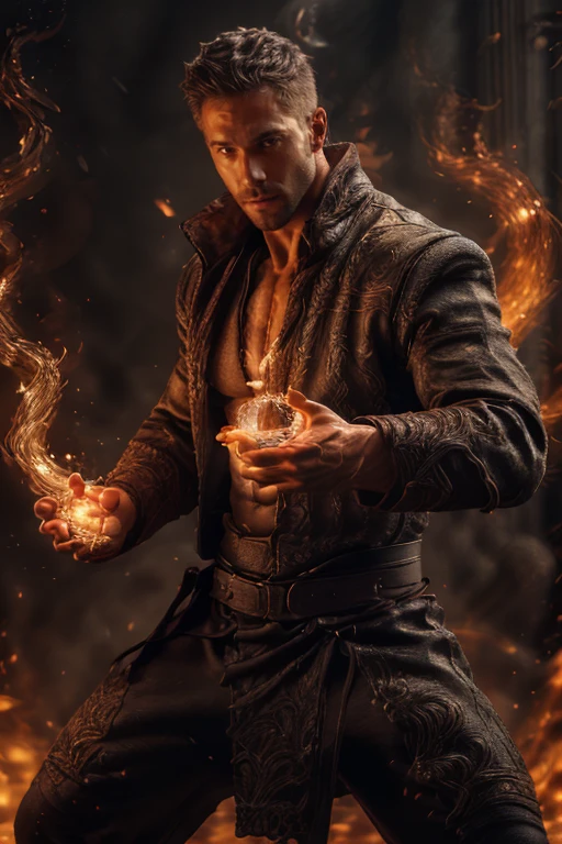 realistic, ((masterpiece)), ((best quality)), (detailed), cinematic, dynamic lighting, soft shadow, detailed background, professional photography, depth of field, intricate, detailed face, subsurface scattering, realistic hair, realistic eyes, muscular, manly, photo of a handsome man, pyromancer,
