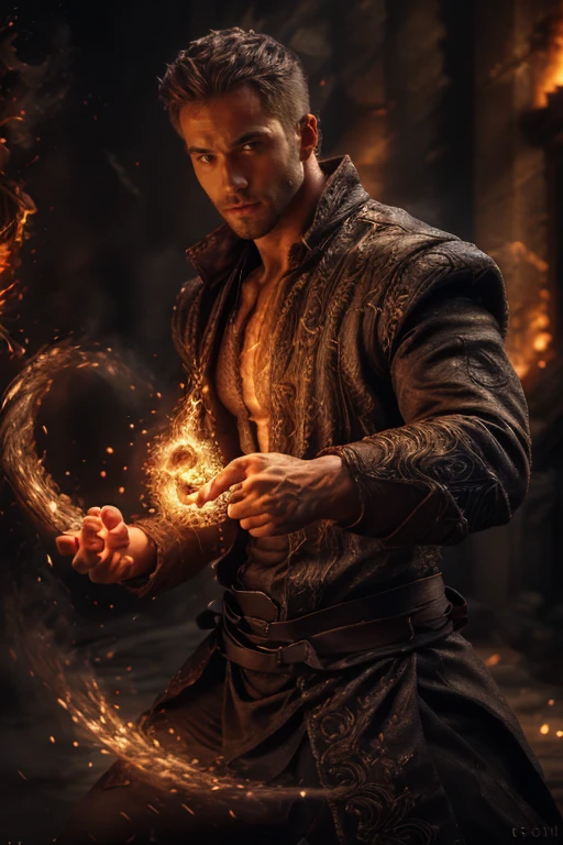 realistic, ((masterpiece)), ((best quality)), (detailed), cinematic, dynamic lighting, soft shadow, detailed background, professional photography, depth of field, intricate, detailed face, subsurface scattering, realistic hair, realistic eyes, muscular, manly, photo of a handsome man, pyromancer,