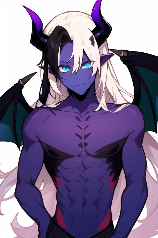 demon man with half black and half white hair, blue eyes, horns on his head, bat wings on his back, green scales, and pale purple skin