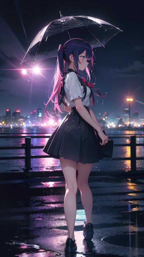 1 anime girl, alone,Black petals flutter, A mysteriously shining butterfly.city,bright pink hair,red gem eyes,long twin tails,thin legs,very clear,Best quality After the Rain,city,Miku,beautiful morning,Asahi,whole body,Sad expression,Shining Full Moon,rain,Wet,Monochrome,No color,Sad expression,Thin legs,Walking through the crowds,profile,Crying face