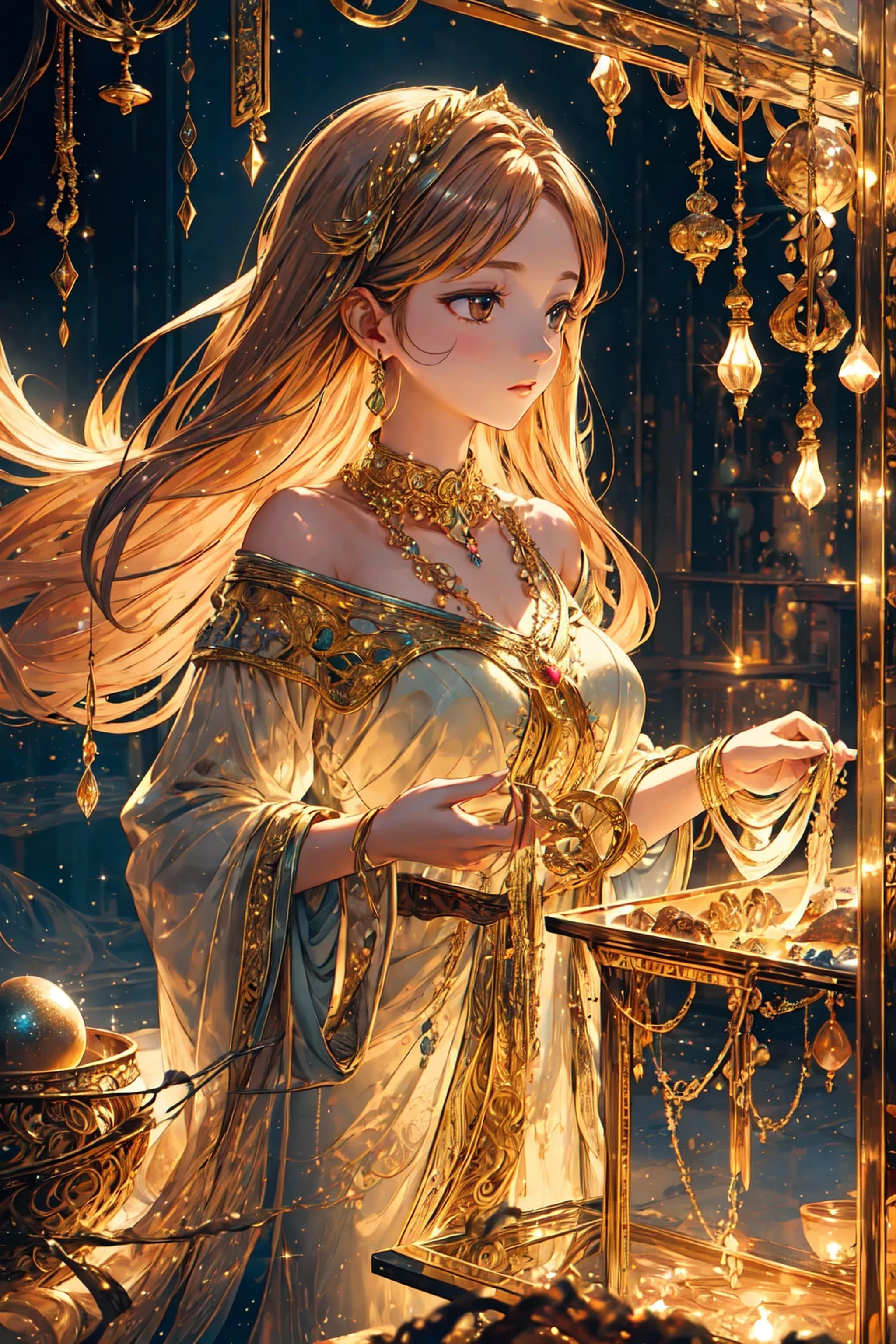 Orfevre, a talented goldsmith crafting intricate jewelry, detailed metalwork, delicate filigree, ornate necklaces, shiny golden rings, sparkling precious gems, reflecting light, elegant silhouette, serene pose, photorealistic, ethereal atmosphere, warm lighting, muted color palette, museum-quality masterpiece.