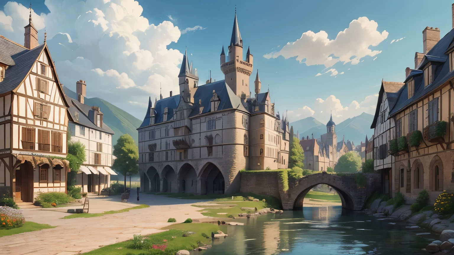 "Create a detailed digital painting of a medieval European town square. The painting depicts stone and wooden buildings with red-tiled gable roofs, with flowers in the windows. The buildings are at least two stories high, with arched doors and entrances. The plaza is paved with cobblestones and dotted with wooden benches and barrels. In the background rises a magnificent castle with several towers, built of stone and with an imposing presence. The castle is reached by crossing a stone bridge over the river. The sky is clear, with a few white clouds, antique street lamps and wooden signs add to the atmosphere, and one building has a blue awning. The overall atmosphere is idyllic and picturesque, the essence of a medieval town."