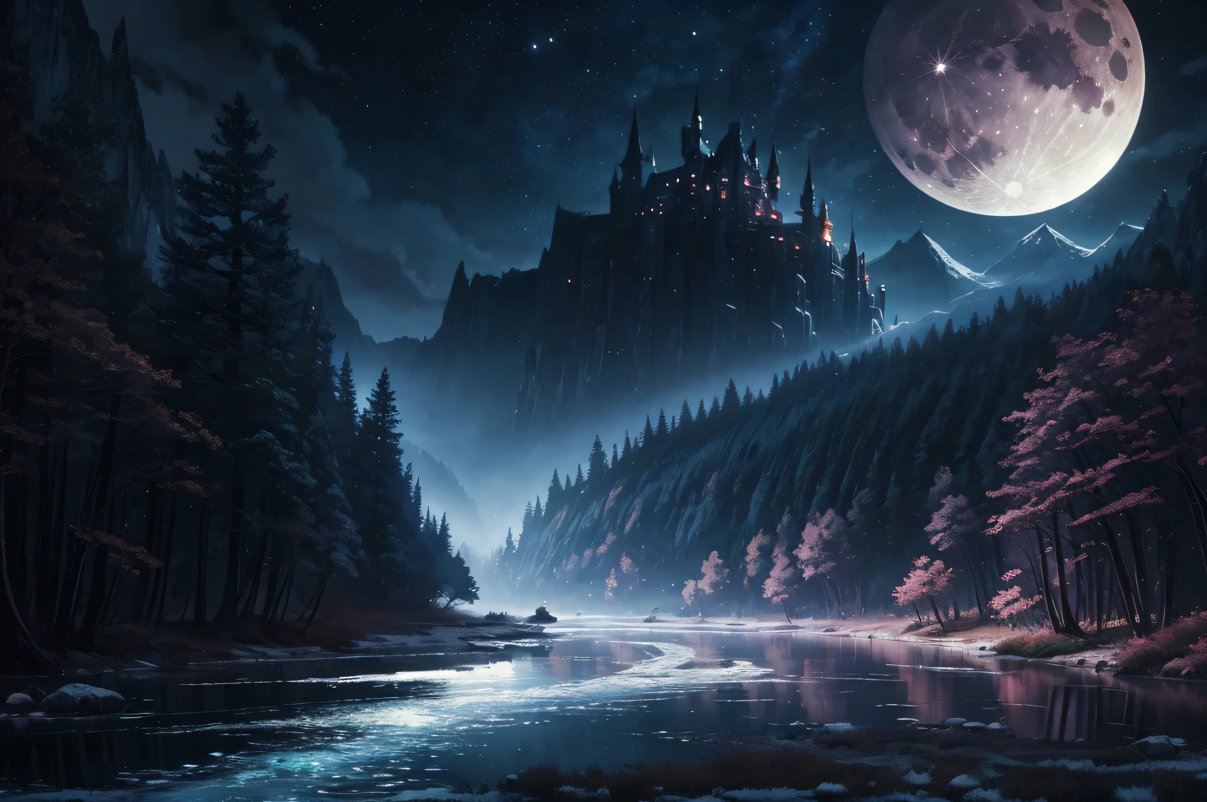 a painting of a river with a full moon in the background, digital art inspired by Andreas Rocha, pixiv contest winner, fantasy art, magical landscape, magical environment, beautiful anime scenery, detailed dreamscape, beautiful anime scene, night scenery, magical dream-like atmosphere, moonlit starry sky environment, anime landscape wallpaper, anime background art, painting of a dreamscape