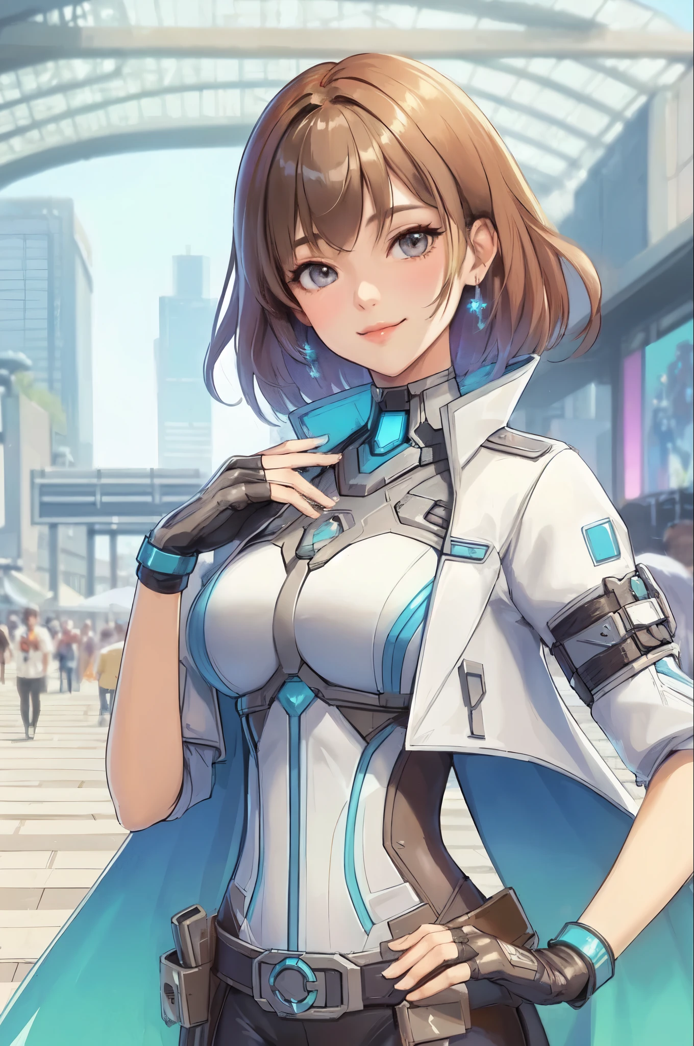 1lady standing, cosplayer, (futuristic superhero costume) stylish, belt, (mature female:0.9), /(beige brown hair/) bangs, kind smile, (masterpiece best quality:1.2) delicate illustration ultra-detailed, large breasts BREAK (anime-related event) outdoors, (outdoor venue), square, crowded, audience, noon, detailed background