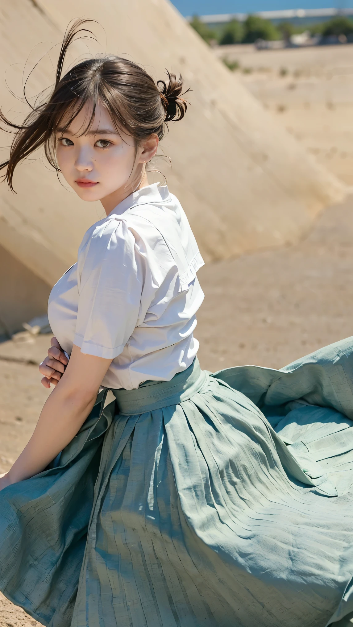 (((Low angle shooting、Clothes are loose)))、(((8K、highest quality、masterpiece、超A high resolution)))、(Realistic:1.4)、RAW Photos、(Real skin texture:1.3)、(Film Grain:1.3)、((Are standing、Skirt flutters in strong winds、Under the skirt、No underwear、Do not bend your legs、don&#39;t bend your knees、Spread your thighs、Beachside、))、One Girl、Beautiful and detailed eyes and face、masterpiece、highest quality、close、thin、Japanese Uniform、barefoot、Various outfits、