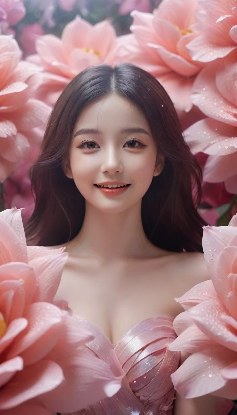 Close-up of a beautiful girl with a round face and a truly lovely innocent smile. Surrounding the beautiful girl are giant flowers, blooming flowers, cold blooming flowers, advanced gray series, (1girl:1.5 ),giant flowers,from below,best quality,32k,RAW photo,ultra resolution best quality extremely detailed,delicate texture,huge wave of giant flowers and giant flower petals are swallowed up, fantasy, fairy tale, pastel colors, motion blur, action lines, delicate 3-dimensional images