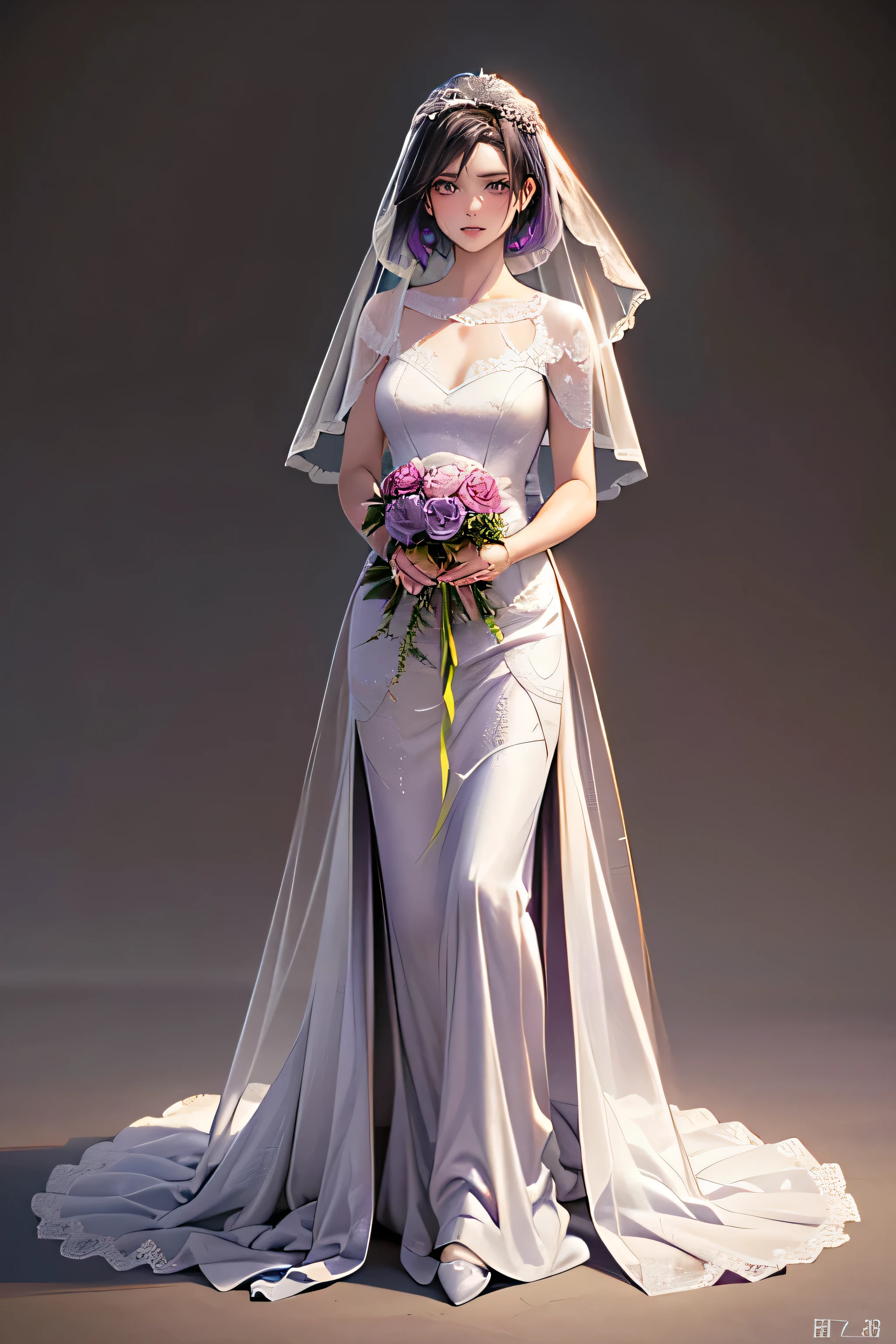 (masterpiece:1.2, highest quality), (Realistic, photoRealistic:1.4),1 female、((White Veil))、((Hairstyle Short Hair))、(Hair colorpurple)、((Black wedding dress))、((Purple Rose))、((upright))、((front))、((Full body painting))、((Background Single Color))