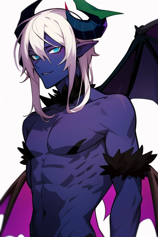 demon man with half black and half white hair, blue eyes, horns on his head, bat wings on his back, green scales, and pale purple skin