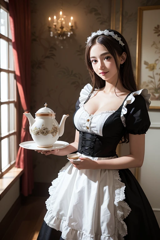 (8K, RAW photos, best quality, masterpiece:1.2), High-detail RAW color photos, Professional photographer, (Cowboy shooting:1.3), (Practical, photo Practical:1.37), ((best quality)), (1 girl:1.3), light, (Facial details are more delicate:1.2), (masterpiece:1.5), (best quality:1.2), (Smile:1.2), (looking at the audience:1.2), bow tie, (Meticulous maid:1.3),traditional, (Willow Waist:1.2), (Large Breasts:1.2), elegant, Gorgeous,Gothic ta,Put your hands behind your back, Holding a tray and teapot,
rest
background is luxury mansion, in, indirect lighting, floor lamp, Many beautiful flowers are placed in luxurious vases, Create an atmosphere of luxury and luxury., Marble Flooring, Decorative wall, rest ,William Morris, Arts and Crafts Movement, Complex patterns, Design inspired by nature, Wallpaper Art, textile creation, British tradition