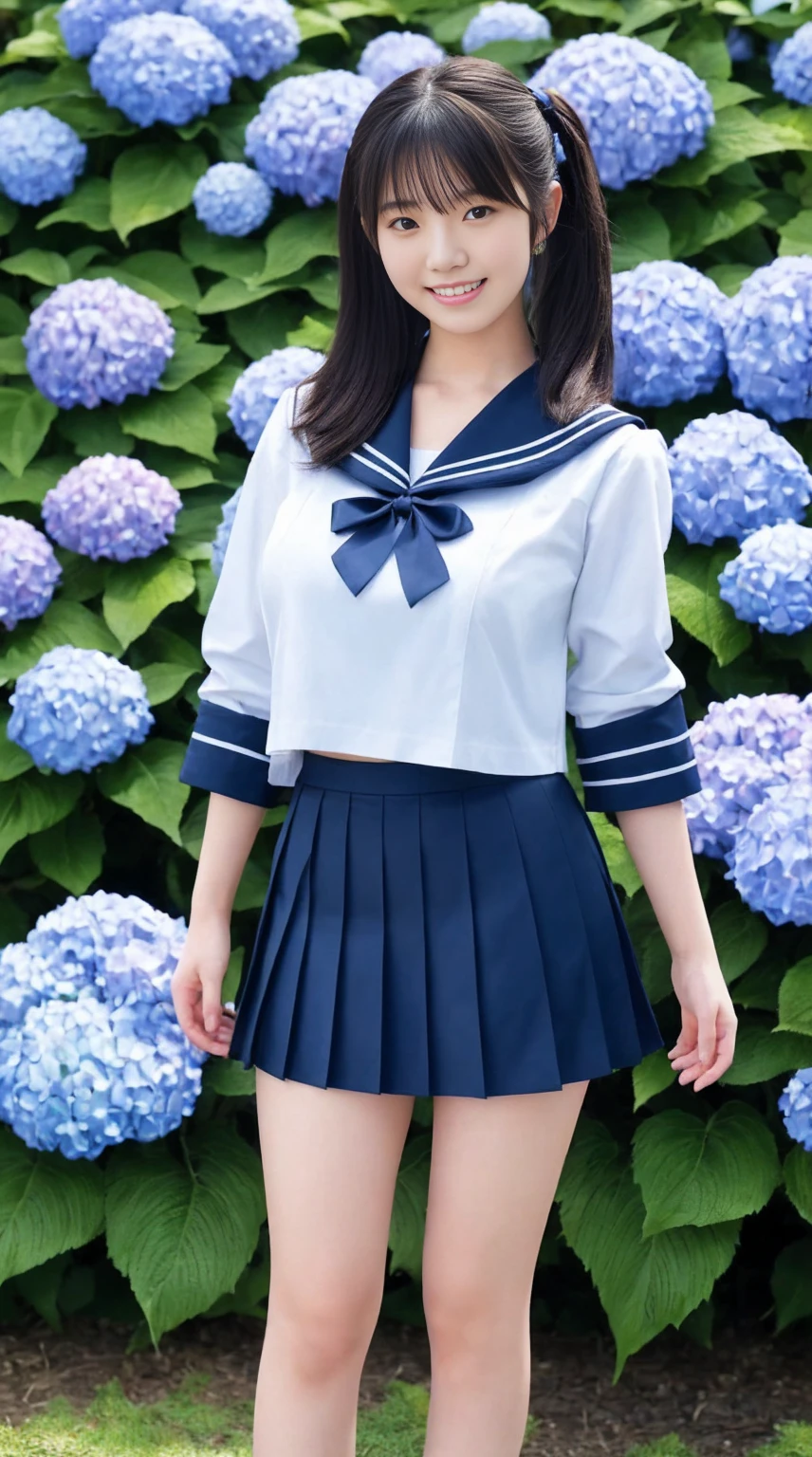 最high quality、high quality、Best image quality、Light blue sailor suit、Tight uniform、(Large Breasts),Summer clothes、pleated mini skirt、Twin tails、smile、,最High resolution、High resolution、最high quality、masterpiece、RAW Photos、whole body写真、Detailed and realistic human body、Detailed and realistic skin、Realistic face in every detail、Detailed and realistic eyes、Detailed and realistic lips、Detailed and realistic teeth、Detailed and realistic ears、Detailed and realistic hair、Detailed and realistic weapons、Realistic reproduction of every detail、Realistic fingers in every detail、(Beautiful Hands、thumb１reference４)、Realistic feet down to the last detail、((Beautiful Japanese Woman))、(Japanese Model)、((21 year old beautiful woman))、(Black Hair)、(Straight hair)、((whole body))、(Slim and perfect figure)、(whole body光沢肌、Fair skin)、Detailed and realistic human body、Detailed and realistic skin、Realistic face in every detail、Detailed and realistic weapons、Realistic fingers in every detail、Detailed realistic feet、Soft natural light、Japanese garden、A 360-degree view of hydrangea fields、((Standing in the middle of a hydrangea field(A girl surrounded by hydrangeas 360 degrees))、Poses to make your thighs look beautiful