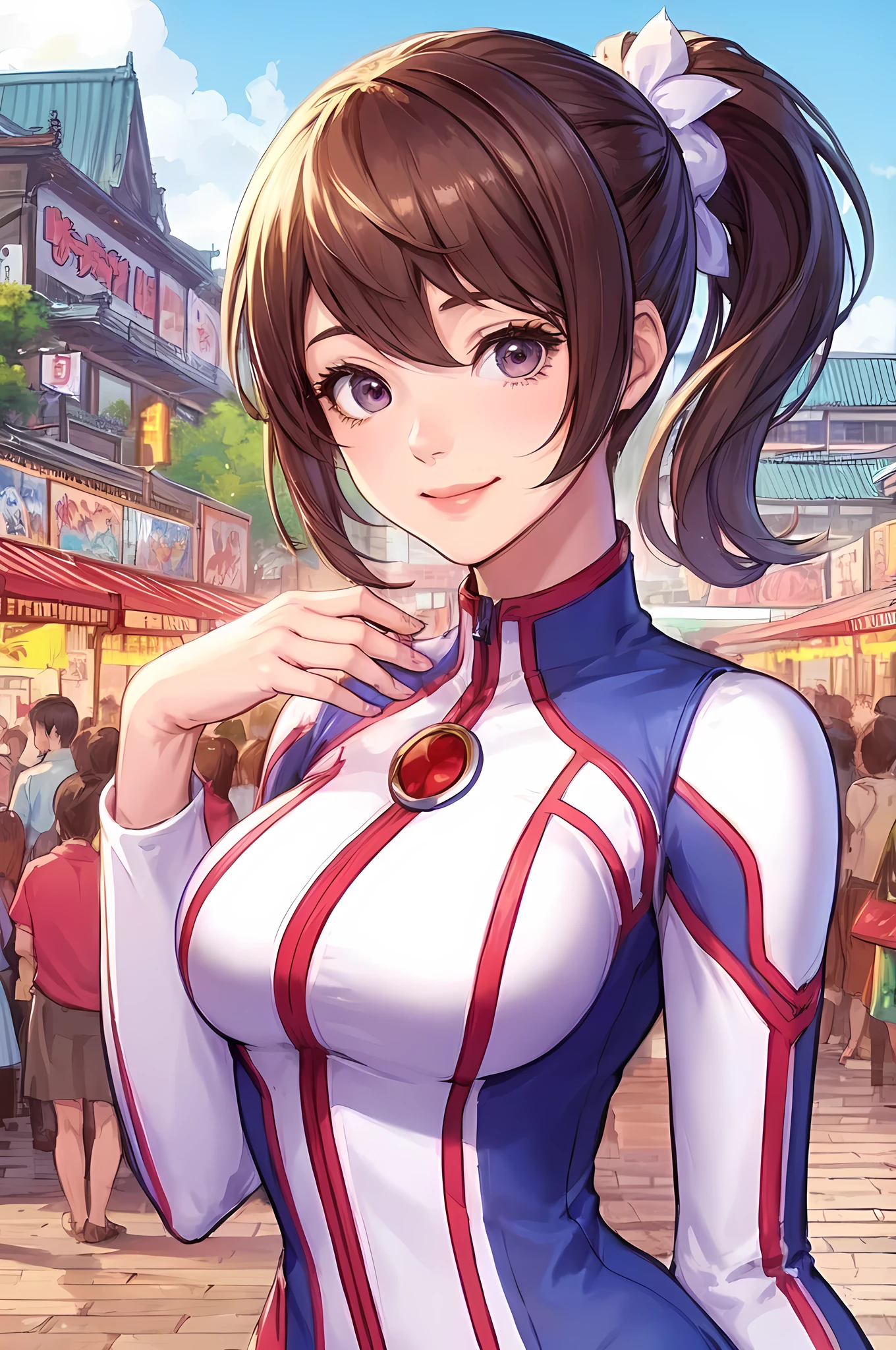1lady standing, cosplayer, (superhero costume) stylish, belt, (mature female:0.9), /(brown hair/) bangs, kind smile, (masterpiece best quality:1.2) delicate illustration ultra-detailed, large breasts BREAK (anime-related event) outdoors, (outdoor venue), square, crowded, audience, noon, detailed background