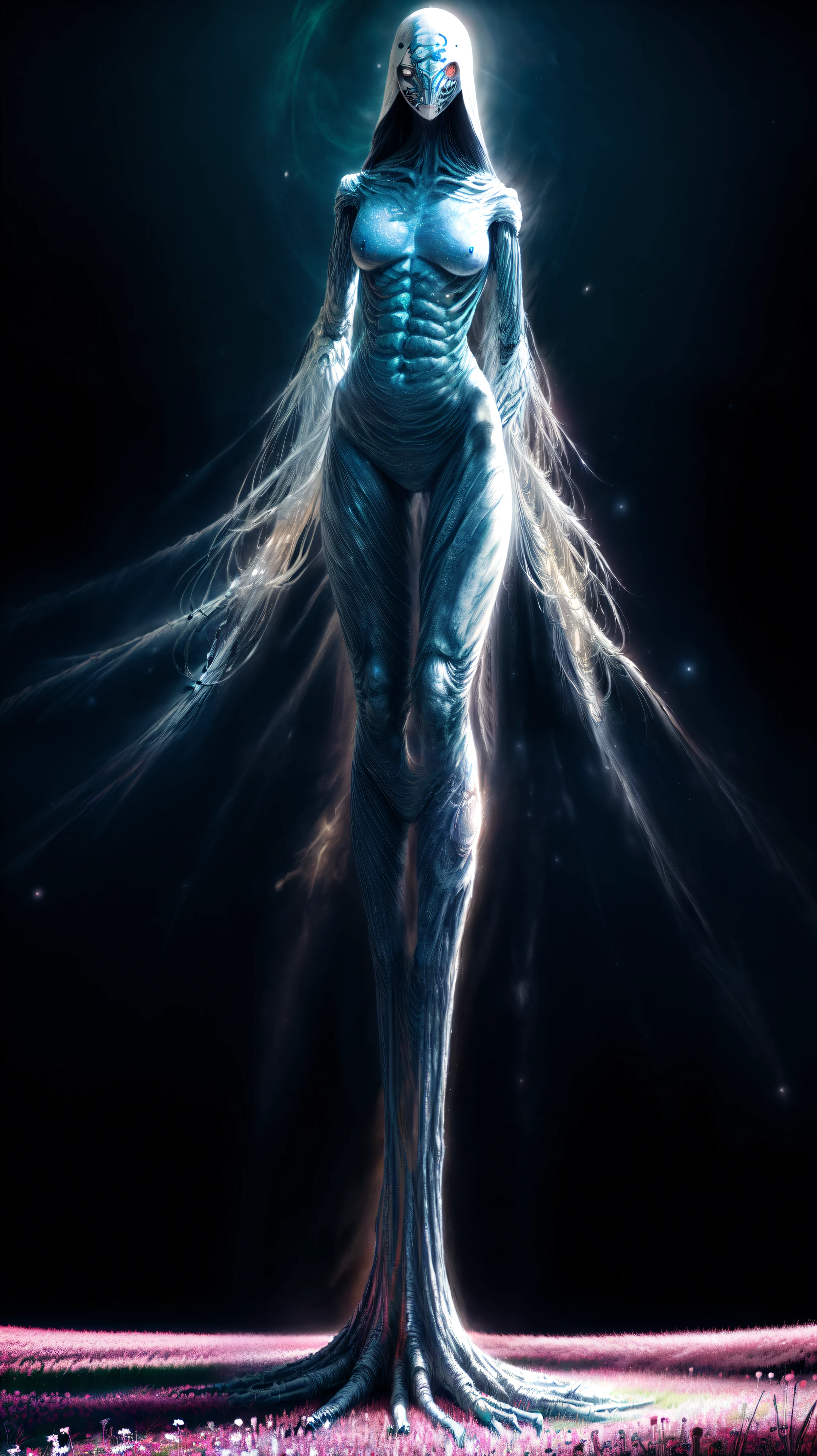entirely white humanoid creatures, no face, organic mask in front of the face, magnificent creatures, very skinny, very tall, very long arms, very long legs, no hair, high quality, 8k, high definition, very detailed, very realistic, background field of multicolored flowers, epic pose, character looking at the sky.