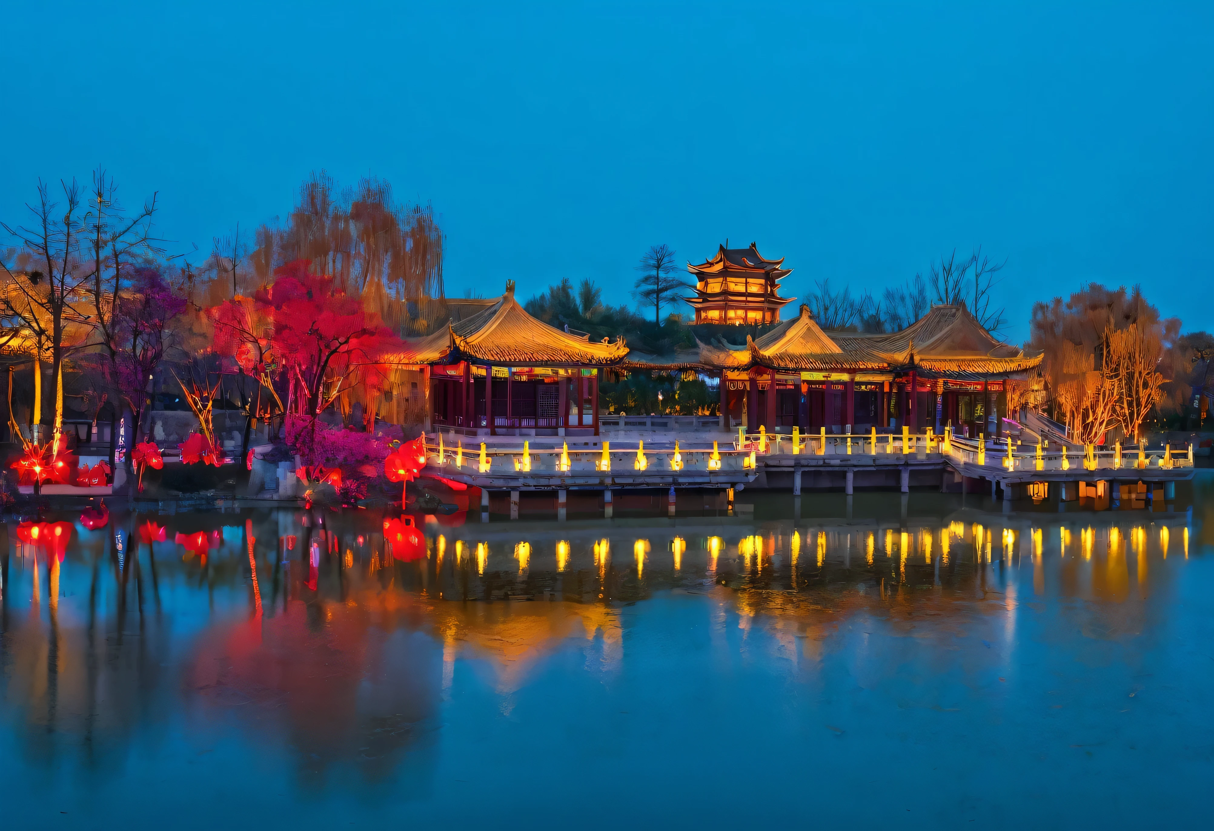 The Alafid Pavilion with lights reflected on the lake at night, Tang Dynasty Palace, ancient chinese architecture, Chinese Palace , Beijing, sha xi, baotou china, riverside, Spring nights, Night settings