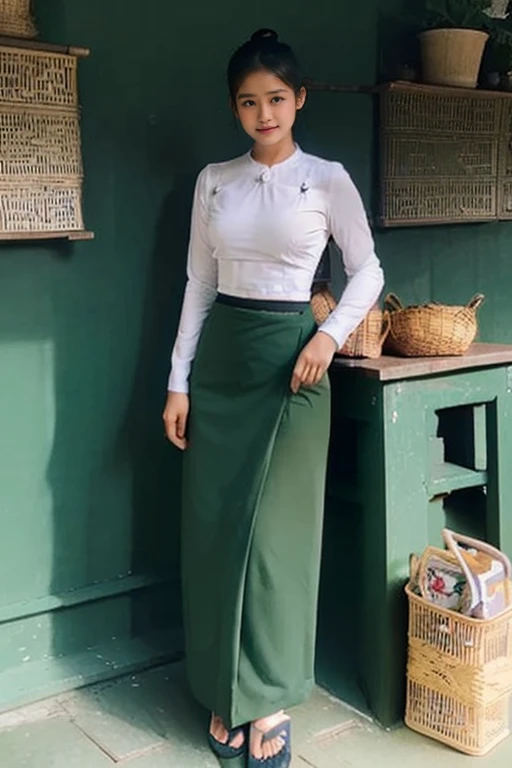 A school teacher is 30years old.Tall, thin, big hips, big breasts, black hair, small lips, brown eyes, attractive, K.Top=white Burmese blouse,With long sleeves,Buttoned at the side.Bottom=(Dark green) long skirt.
Footwear=female Burmese sandals,The hair is knotted bun.
