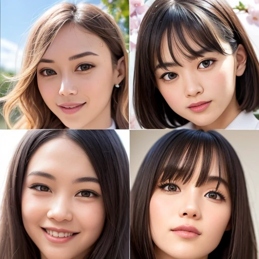 Best_Quality, HDR, masterpiece, Hi-Res, (realistic and photorealistic with touch of rawness:1.37), (group photo:1.6), ((SchoolGirls Surrounding the camera in Upward composition)), Panoramic, (Filled with many Faces), (NOGIZAKA face variations:1.4), { Looking down at the camera | (Kissing face to face) }, (((close:1.2, Face closeup from below:1.4))), (((Sky background)) with CherryBlossoms) . BREAK Extremely Detailed KAWAII face variations, captivating gaze, elaborate detailed Eyes with (sparkling highlights:1.32), long eyelashes、Glossy RED Lips with beautiful details, Coquettish tongue, Rosy cheeks, Glistening ivory skin . { (Dynamic joyful expressions) | (:D) | (Kissing) }, Childish, SchoolUniform, Every girls have different hair colors and styles, { Slipped back hair | Bangs | Hime cut | OKAPPA | White Silver hair | Blonde hair | Dark hair }