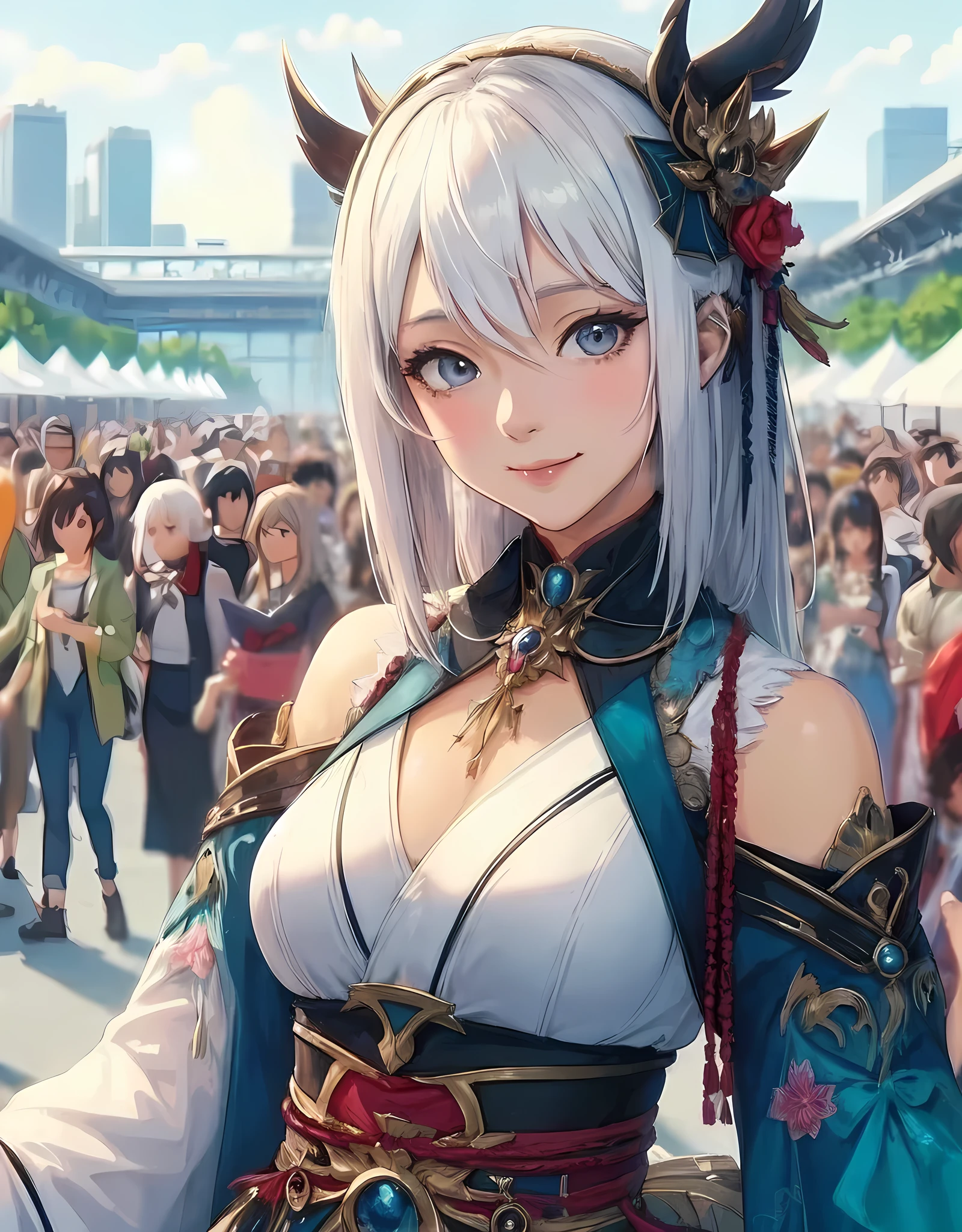1lady standing, cosplayer, (fantasy anime costume) stylish, (mature female:0.9), /(white hair/) bangs, kind smile, (masterpiece best quality:1.2) delicate illustration ultra-detailed, large breasts BREAK (anime-related event) outdoors, (outdoor venue), square, crowded, audience, noon, detailed background