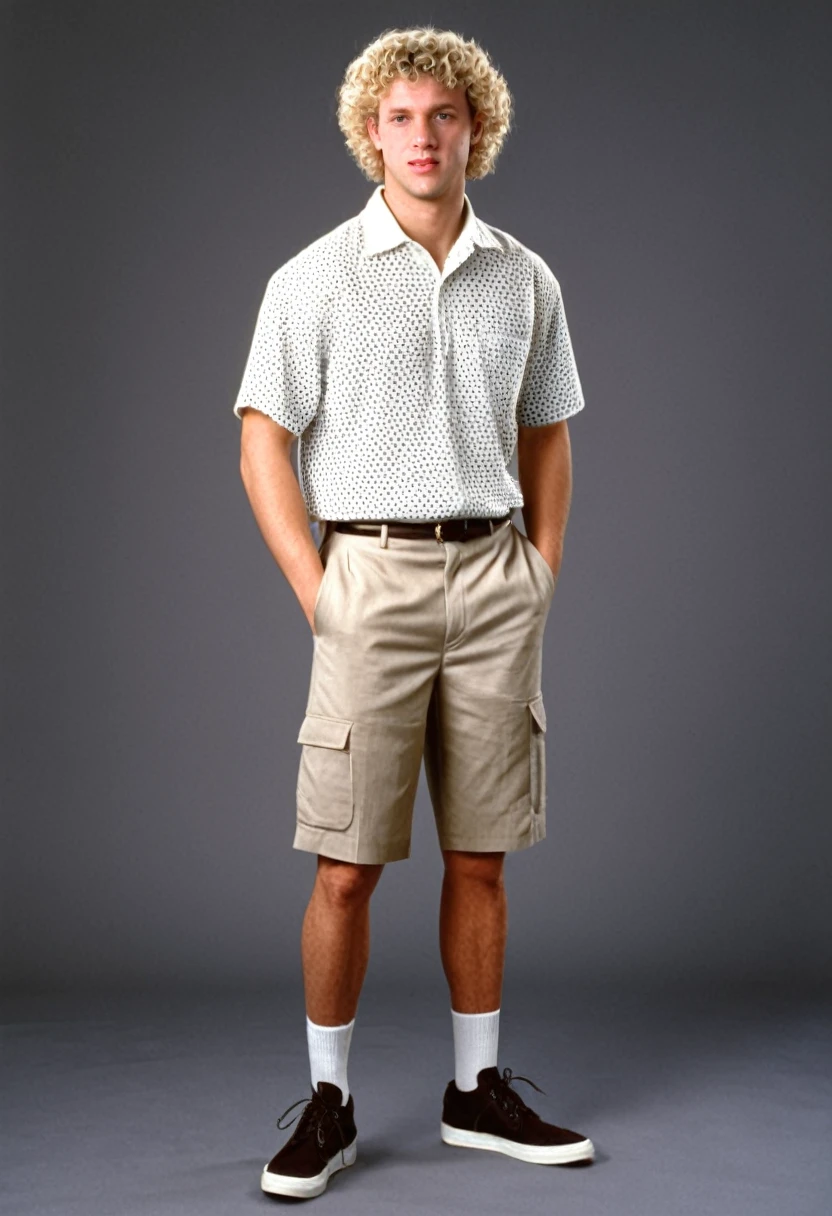 thirty year old man, crewcut curly blonde hair, photorealistic, determined, business casual style, 1996, 90s, 1990s, studio portrait, thighs up shot, blank flat background