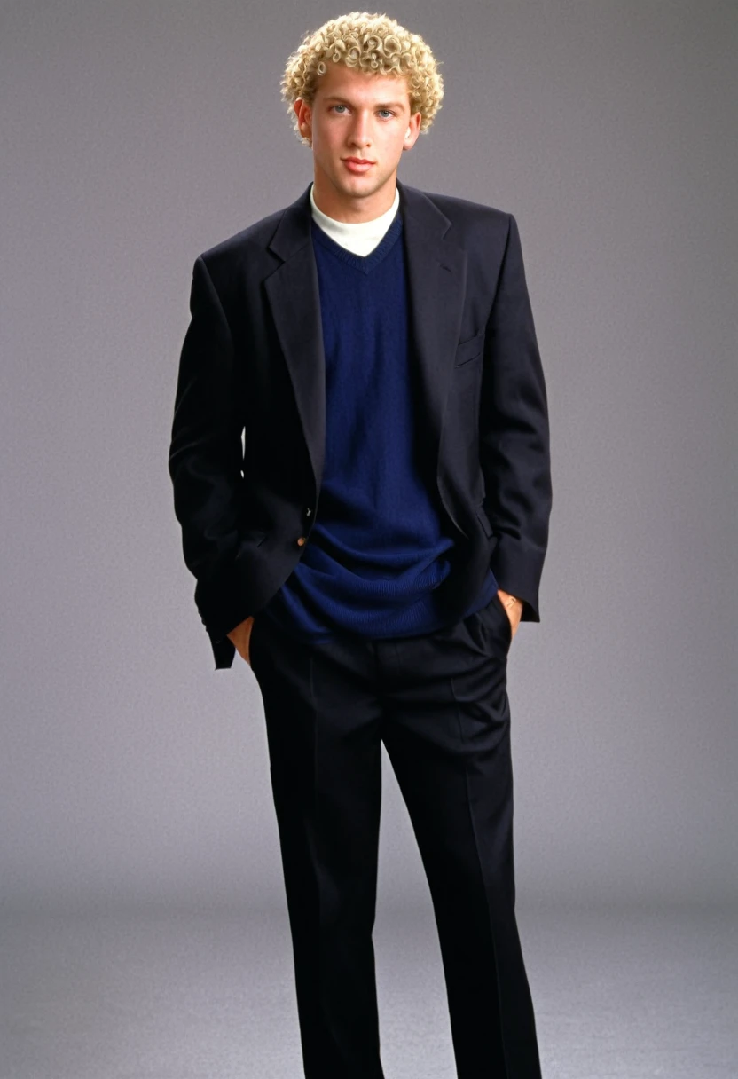 thirty year old man, crewcut curly blonde hair, photorealistic, determined, business casual style, 1996, 90s, 1990s, studio portrait, thighs up shot, blank flat background