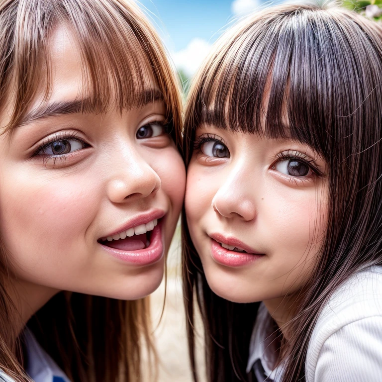 Best_Quality, HDR, masterpiece, Hi-Res, (realistic and photorealistic with touch of rawness:1.37), (group photo:1.6), ((SchoolGirls Surrounding the camera in Upward composition)), Panoramic, (Filled with many Faces), (NOGIZAKA face variations:1.4), { Looking down at the camera | (Kissing face to face) }, (((close:1.2, Face closeup from below:1.4))), (((Sky background)) with CherryBlossoms) . BREAK Extremely Detailed KAWAII face variations, captivating gaze, elaborate detailed Eyes with (sparkling highlights:1.32), long eyelashes、Glossy RED Lips with beautiful details, Coquettish tongue, Rosy cheeks, Glistening ivory skin . { (Dynamic joyful expressions) | (:D) | (Kissing) }, Childish, SchoolUniform, Every girls have different hair colors and styles, { Slipped back hair | Bangs | Hime cut | OKAPPA | White Silver hair | Blonde hair | Dark hair }