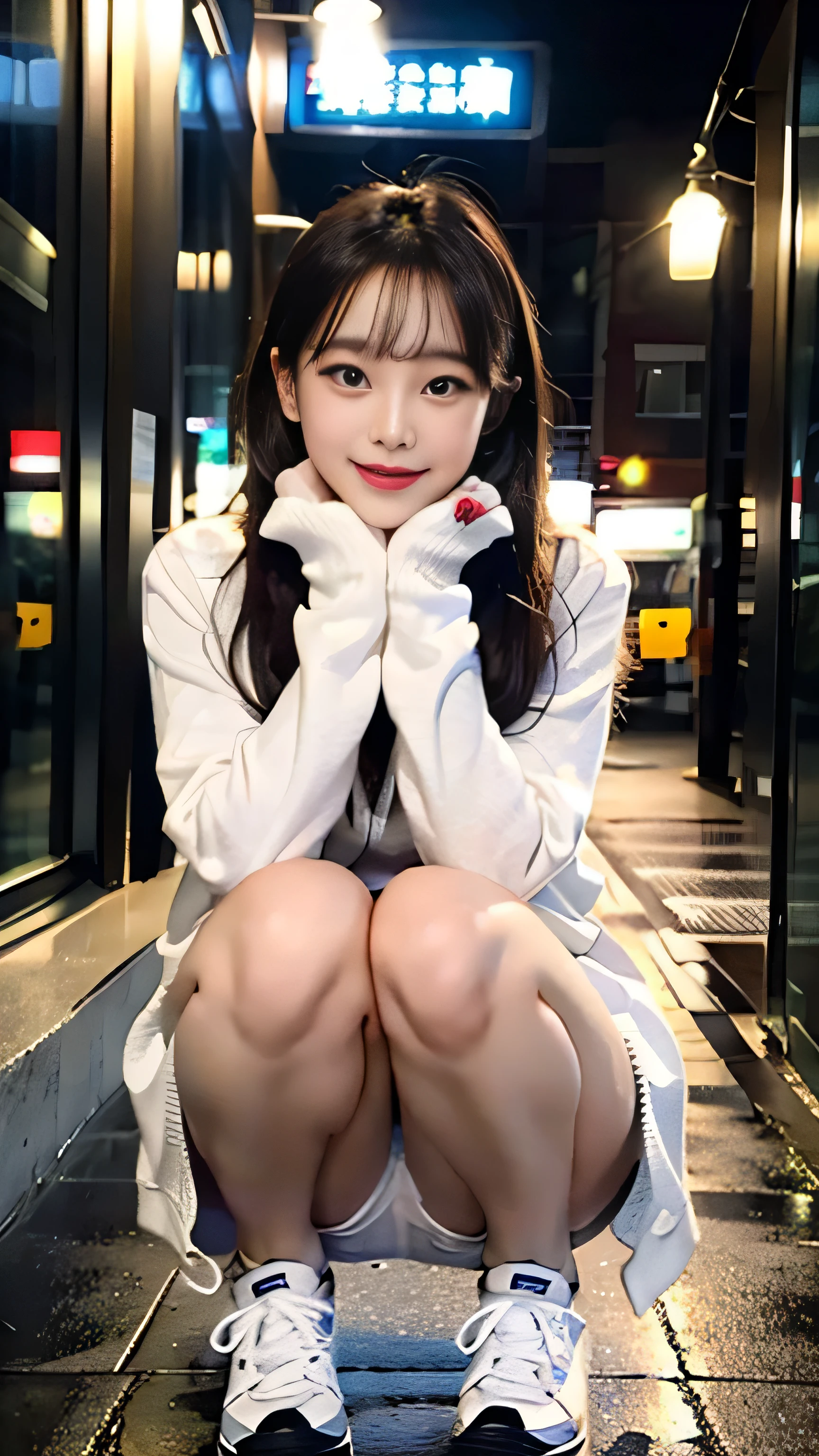 laughter:1.5、I can see her small white panties:1.5,Brown hair short cut with side waves:1.5,casual sneaker wear:1.5,