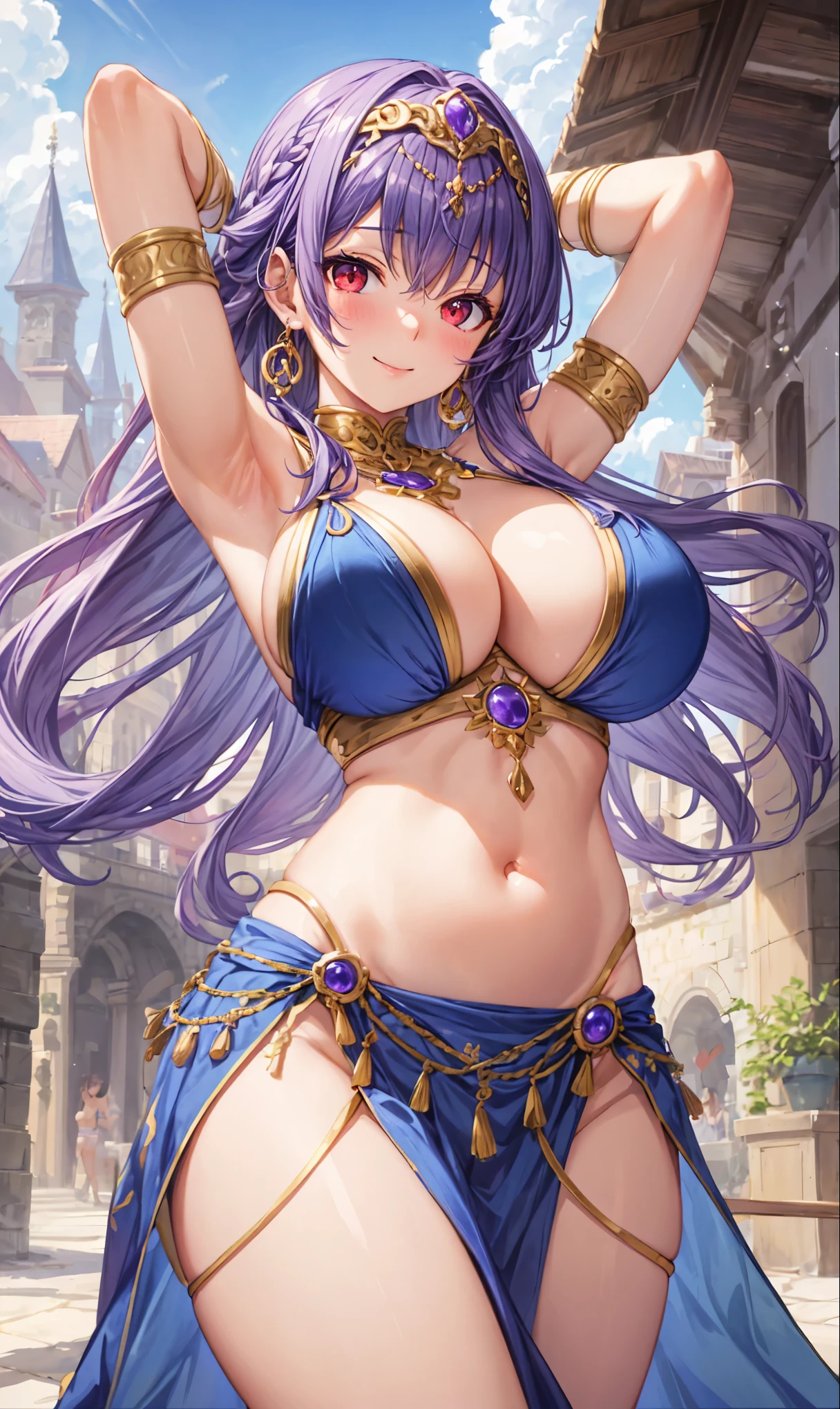 high quality, ultra detailed, best quality, insanely detailed, beautiful, masterpiece, 1girl, amine illustration, belly dancer, medieval plaza, red eyes, long hair, purple hair, harem outfit, bikini, pelvic curtain, circlet, ear_rings, armlets, bracelets, blush, closed mouth, light smile, big_breast, cleavage, soft stomach