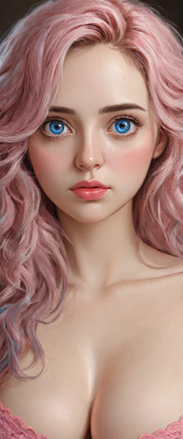 (Whole body: 1.5), (masterpiece, professional lighting, 16k, 8k wallpaper, raw photo, photorealistic: 1.8, ultra detailed, soft natural lighting, detailed skin, detailed face, detailed eyes, textured skin), (ultra realistic)) Photo, masterpiece, superior quality, (ultra-detailed face and eyes: 1.0),(large breast: 1.4), (25-year-old woman), (1beautiful girl), (((((intense eye makeup, pink mascara)), ((detailed fake lips), (with shiny lipstick and well-defined eyes), (wavy blue hair), (elegant hairstyle)), Photo, masterpiece, top quality, (ultra detailed face and eyes: 1.0), (25 year old woman), (1beautiful girl), (thick eye makeup, pink mascara), 