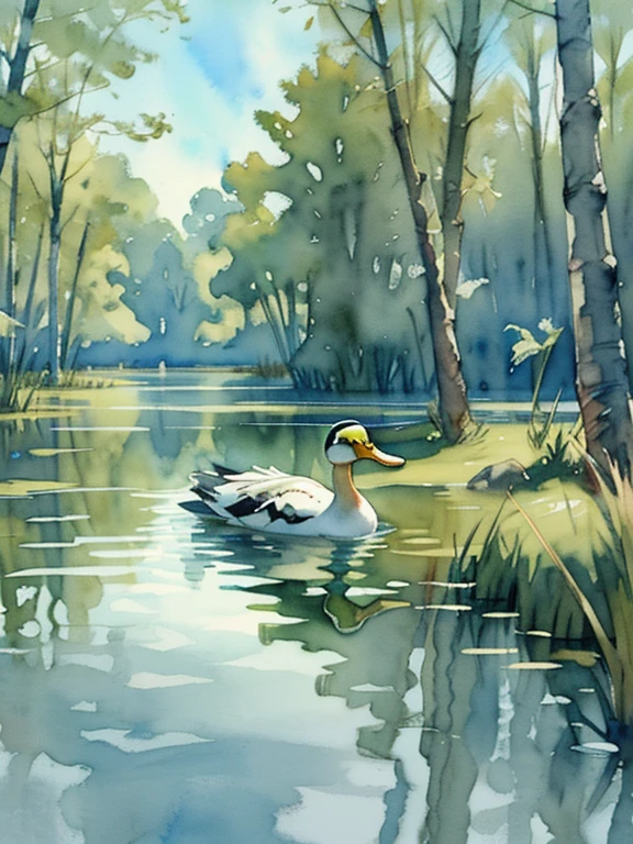 Swamp, surrounded by reeds, ducks swim,
you can see the forest ahead,
Watercolor,
sketch,
ink drawing, ultra-detailed, 3d