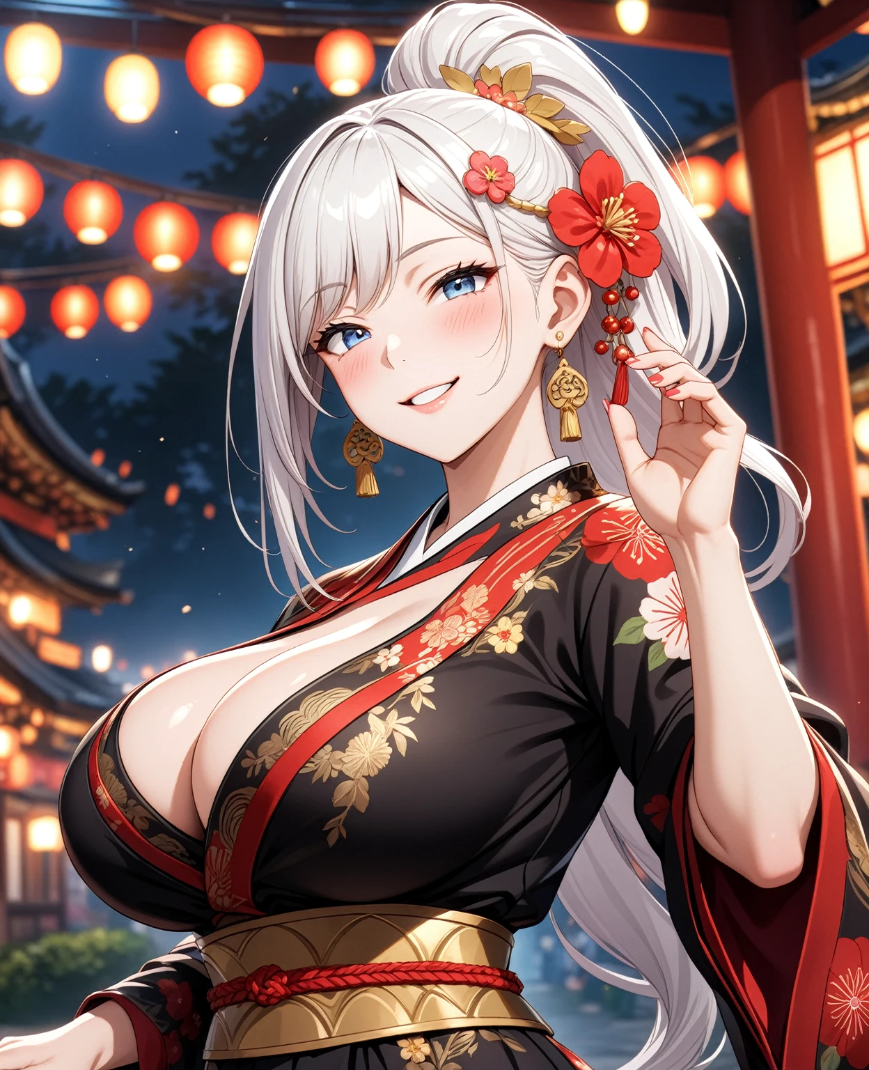 ((one personの女性)), Beautiful Face,Laugh shyly,((Wink:2.0)),Laughing with your mouth open,turn bright red,Glossy pink lips,night,Shrine festival stalls,((Anime style background)),masterpiece, highest quality, so beautiful, up to date, Complex details, (Pink long nails),AI-generated, Complex,High resolution, highest quality, super high quality,3D Images、View your audience、3D Images,one person,Long white hair,High Ponytail,blue eyes,Anime woman posing for a photo, [[Fine grain、Colorful eyes、Shining Eyes:1.15]],(Squint your eyes:1.1),a hyperRealistic , hyperRealistic , Realistic,Long haired white haired anime woman, Smooth anime CG art, A woman in a colorful kimono with gold embroidery, (Black kimono),Red floral pattern,Long flower hair ornament,Big earrings,(Big Breasts:1.1),Mature Body,tall,Big Ass,Fine details,Tight waist,Abdominal muscles,(Face close-up:1.5),Tilt your face,Give a hand
